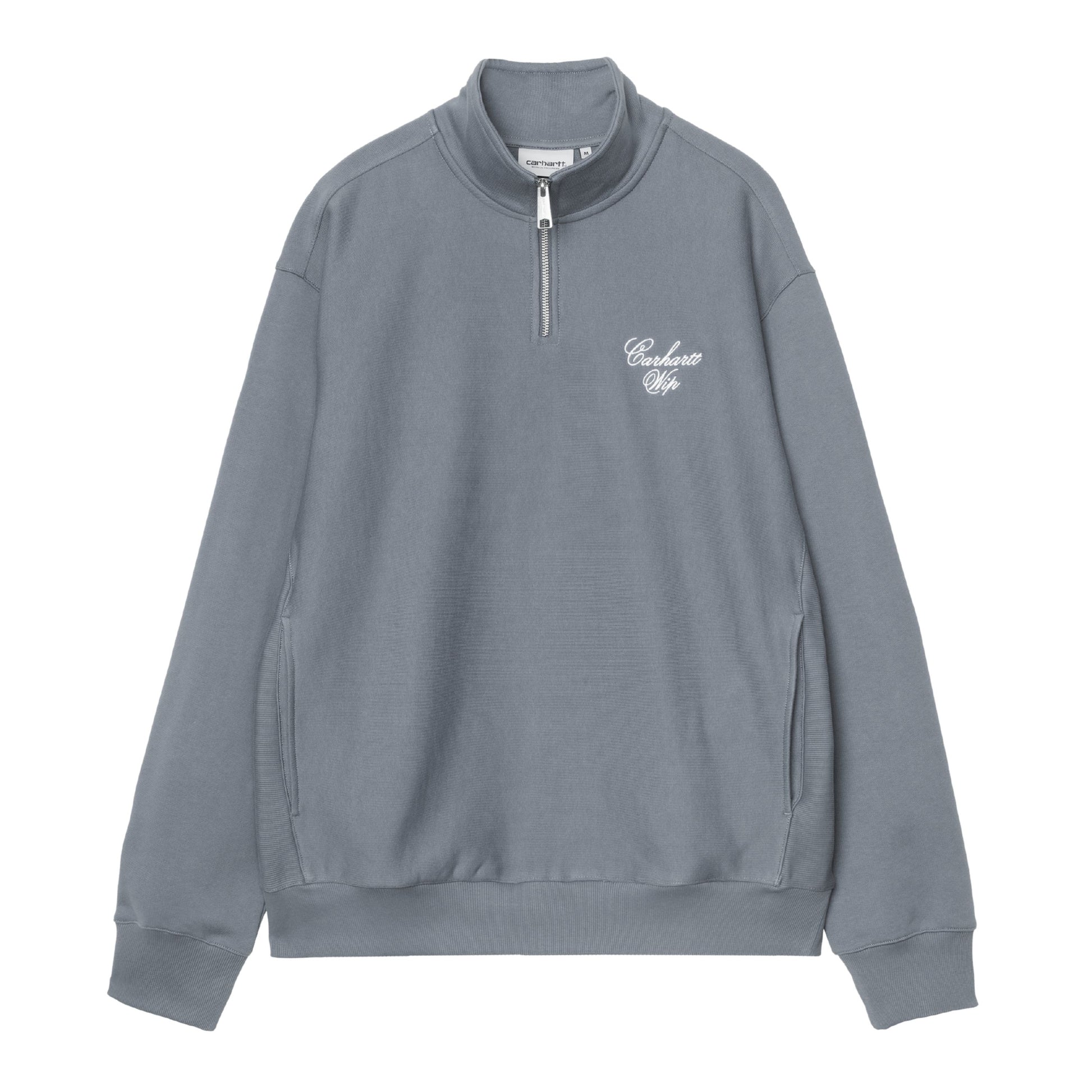 Sweat half zip para homem Carhartt WIP Longhand em Azul Cozy/Branco. Foto da parte da frente.