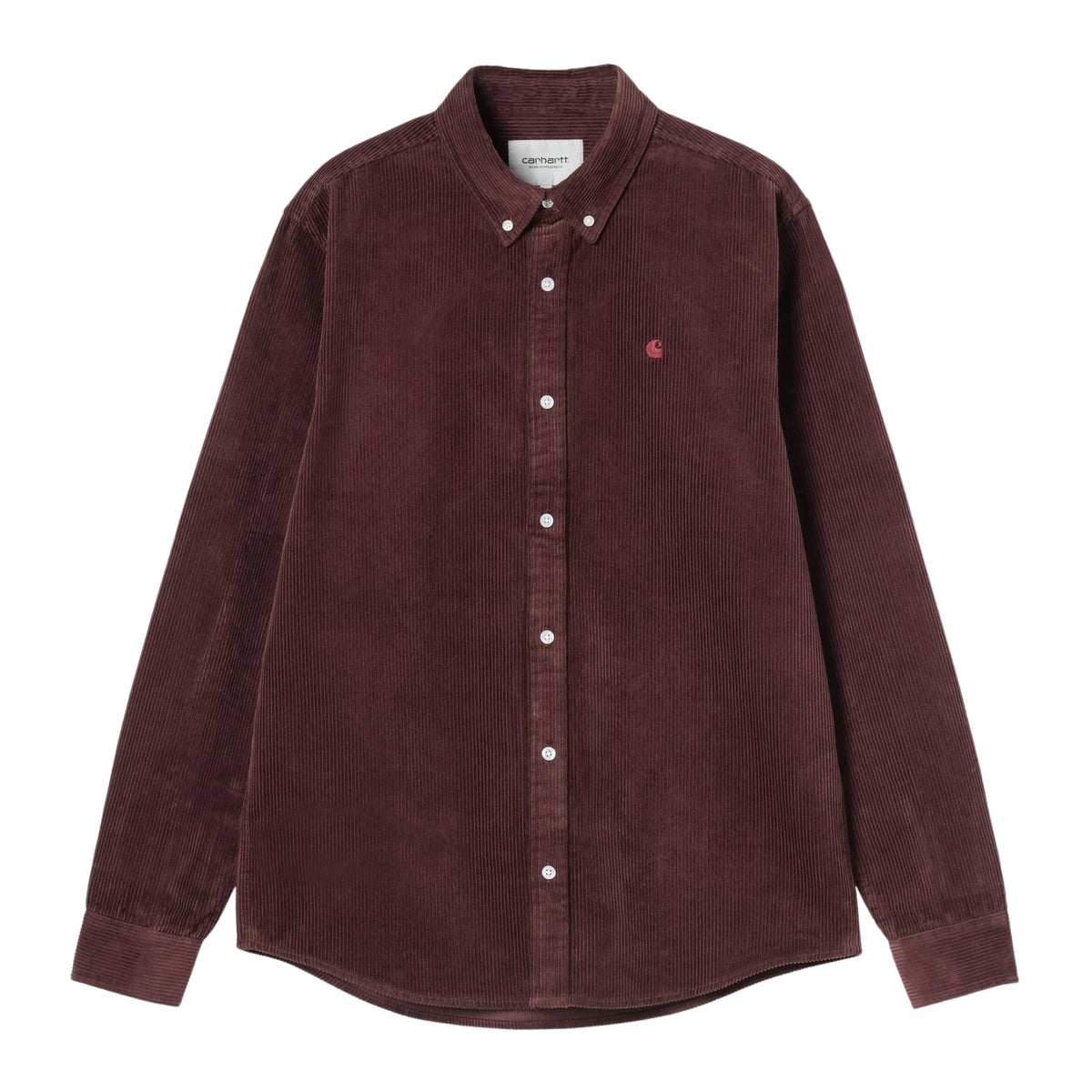 Camisa de manga comprida Carhartt WIP Madison Cord em Amarone, peça disposta de frente sobre fundo branco, com bombazina de canelado largo, gola button-down, botões claros e logótipo C bordado no peito.