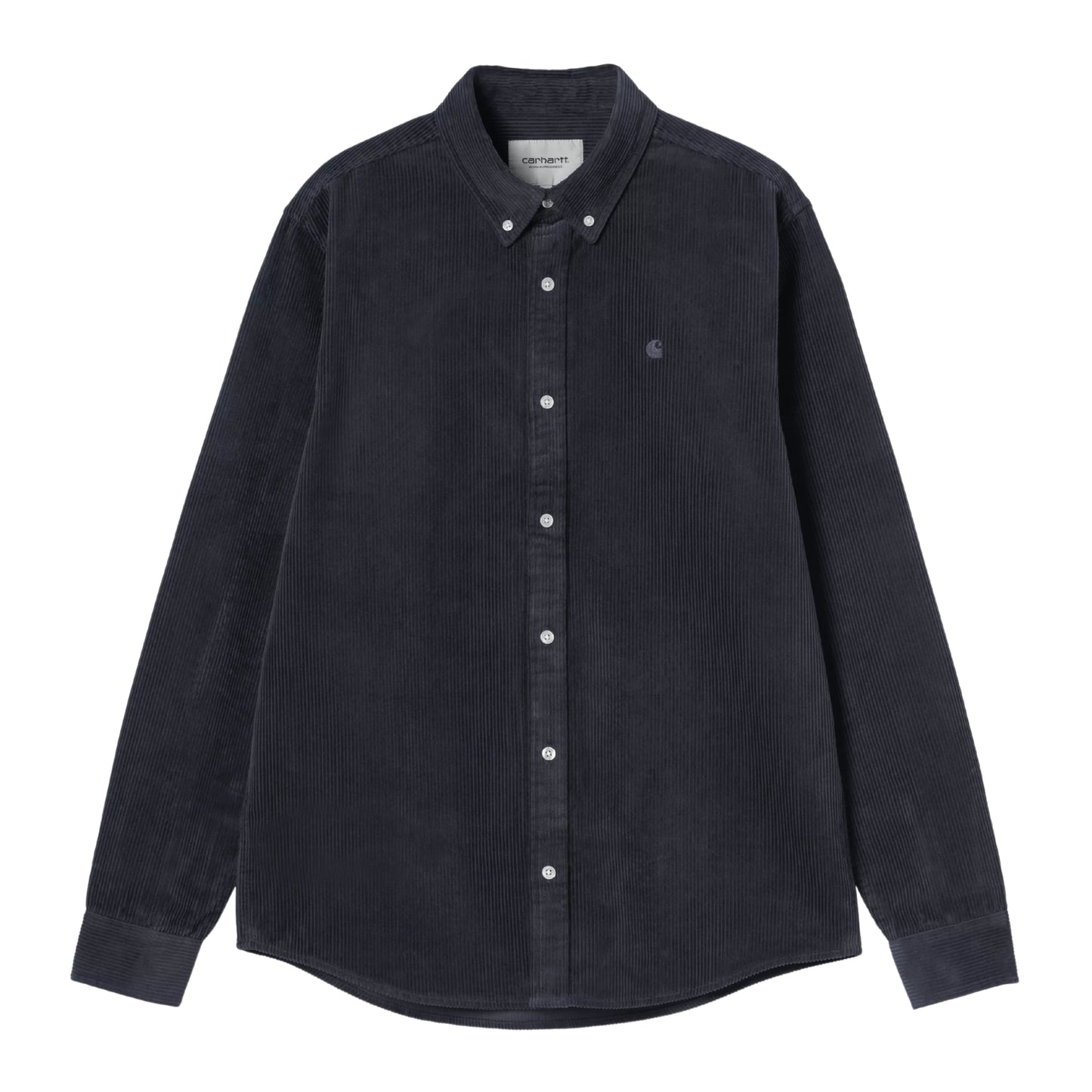 Camisa Carhartt WIP L/S Madison Cord Shirt em Dark Navy — vista frontal, produto sem modelo, bombazina de algodão de oito nervuras azul-marinho escuro, corte regular, colarinho button-down, fecho com botões brancos, logótipo "C" Carhartt bordado em tom-sobre-tom no peito esquerdo, punhos com botão, barra curva, etiqueta "carhartt" interior visível no colarinho, fundo branco.