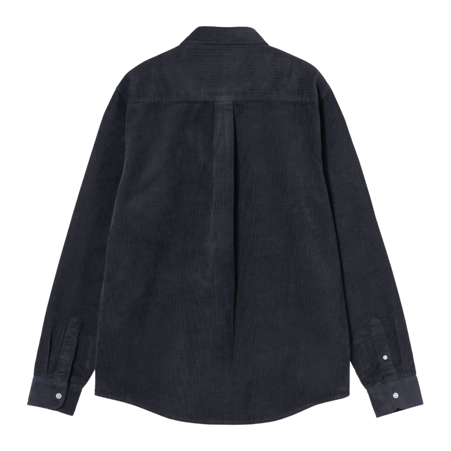 Camisa Carhartt WIP L/S Madison Cord Shirt em Dark Navy — vista traseira, produto sem modelo, bombazina de algodão de oito nervuras azul-marinho escuro, corte regular, colarinho button-down, pala central nas costas, barra curva, canelado largo com reflexos subtis, botões prateados nos punhos, fundo branco.