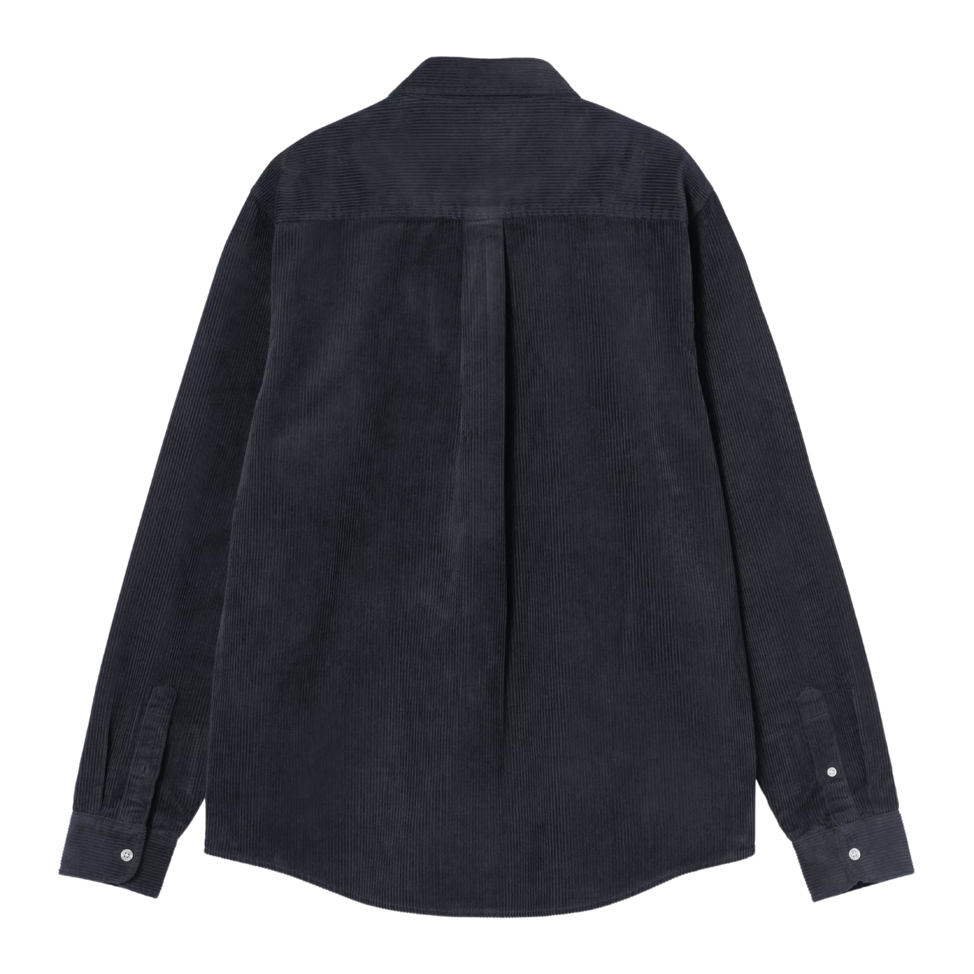 Camisa Carhartt WIP L/S Madison Cord Shirt em Dark Navy — vista traseira, produto sem modelo, bombazina de algodão de oito nervuras azul-marinho escuro, corte regular, colarinho button-down, pala central nas costas, barra curva, canelado largo com reflexos subtis, botões prateados nos punhos, fundo branco.