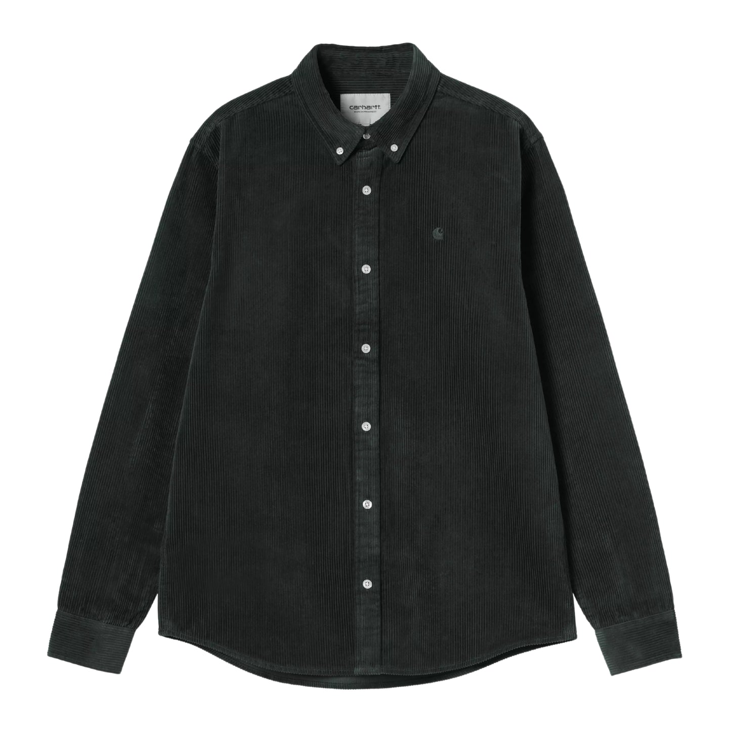 Camisa Carhartt WIP L/S Madison Cord Shirt em Raven — vista frontal, produto sem modelo, bombazina de algodão de oito nervuras verde-floresta muito escuro, corte regular, colarinho button-down, fecho com botões prateados, logótipo "C" Carhartt bordado em tom-sobre-tom no peito esquerdo, punhos com botão, barra curva, etiqueta "carhartt" interior visível no colarinho, fundo branco.