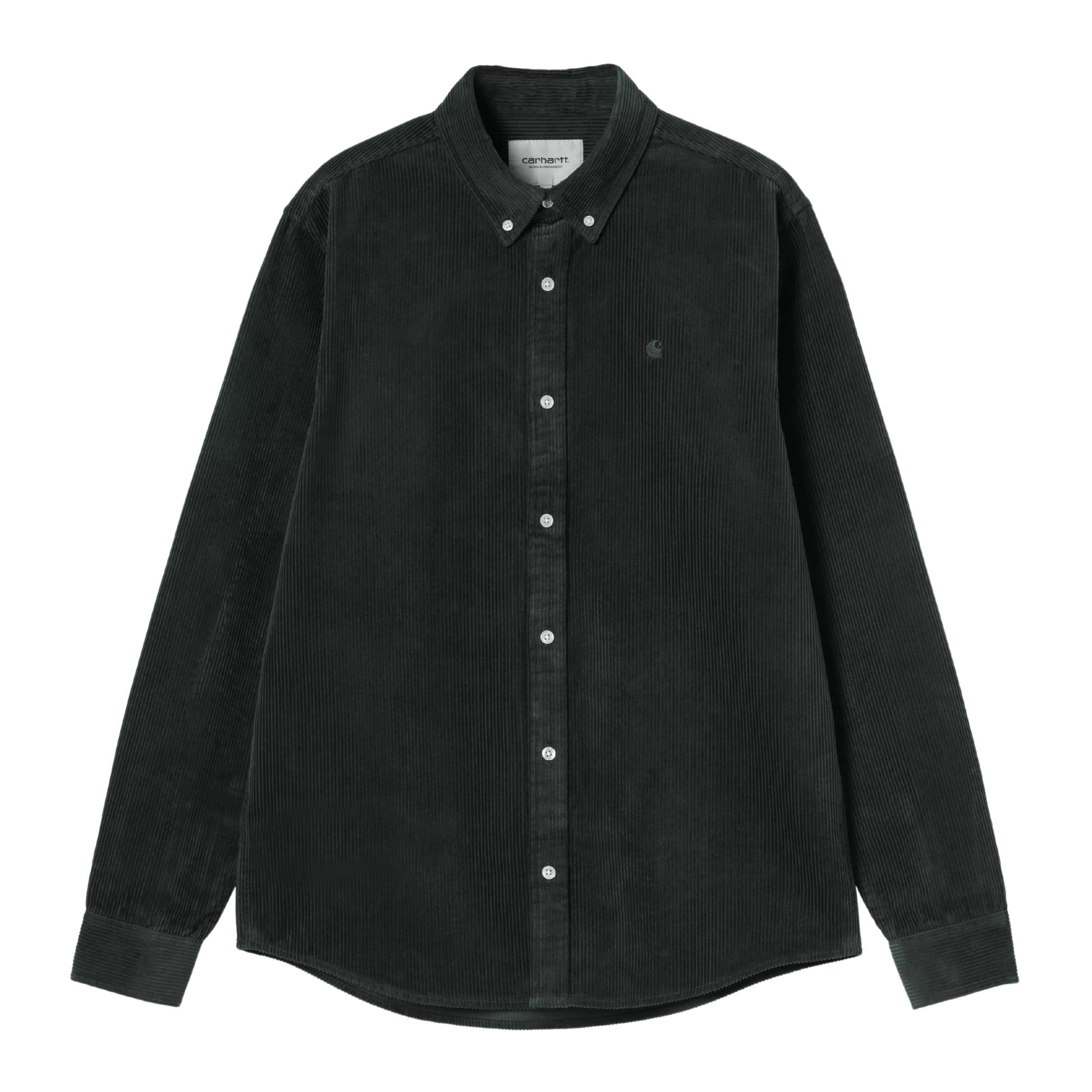 Camisa Carhartt WIP L/S Madison Cord Shirt em Raven — vista frontal, produto sem modelo, bombazina de algodão de oito nervuras verde-floresta muito escuro, corte regular, colarinho button-down, fecho com botões prateados, logótipo "C" Carhartt bordado em tom-sobre-tom no peito esquerdo, punhos com botão, barra curva, etiqueta "carhartt" interior visível no colarinho, fundo branco.