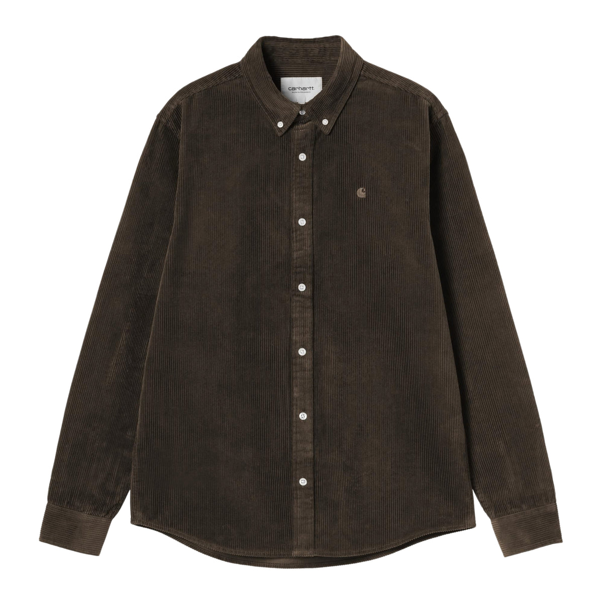Camisa de manga comprida Carhartt WIP Madison Cord em Tobacco, peça disposta de frente sobre fundo branco, com bombazina de canelado largo, gola button-down, botões claros e logótipo C bordado no peito.