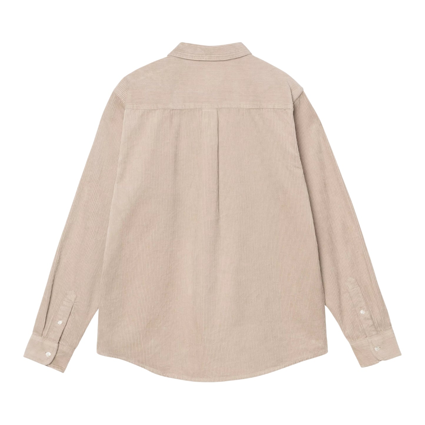 Camisa Carhartt WIP L/S Madison Cord Shirt em Wall — vista traseira, produto sem modelo, bombazina de algodão de oito nervuras bege-areia, corte regular, pala central nas costas, canelado largo com reflexos subtis em tom-sobre-tom, botões brancos nos punhos, barra curva, fundo branco.