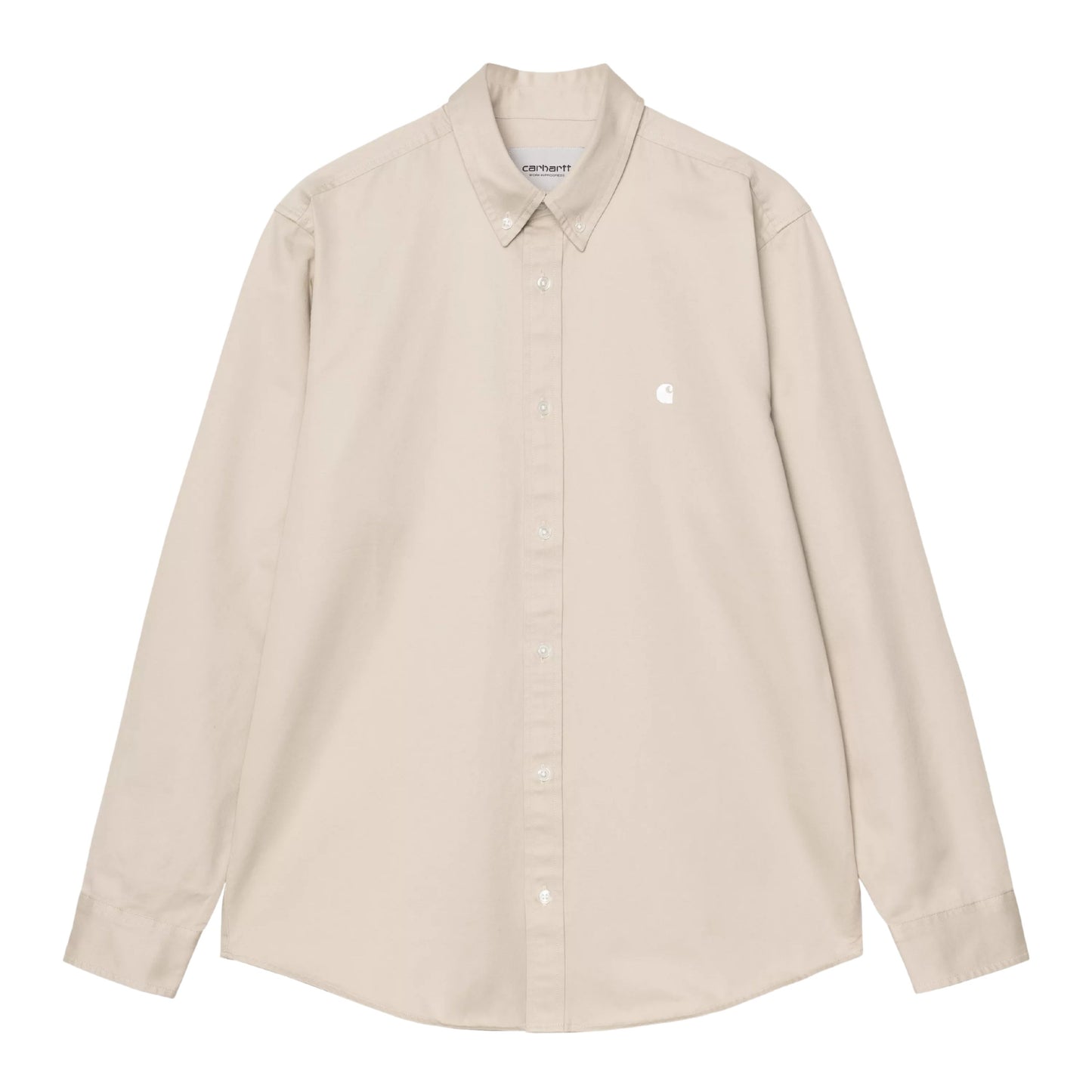 Camisa de manga comprida para homem Carhartt WIP Madison em Stone/Branco. Foto da parte da frente.