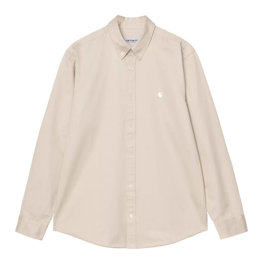 Camisa de manga comprida para homem Carhartt WIP Madison em Stone/Branco. Foto da parte da frente.