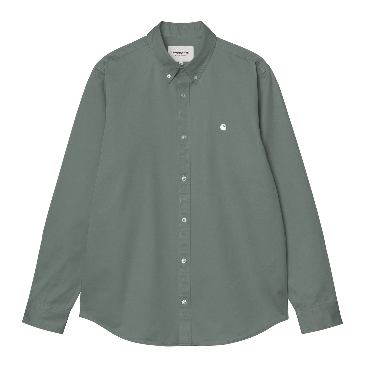 Camisa de manga comprida para homem Carhartt WIP Madison em Velvet Green e Branco. Foto da parte da frente.