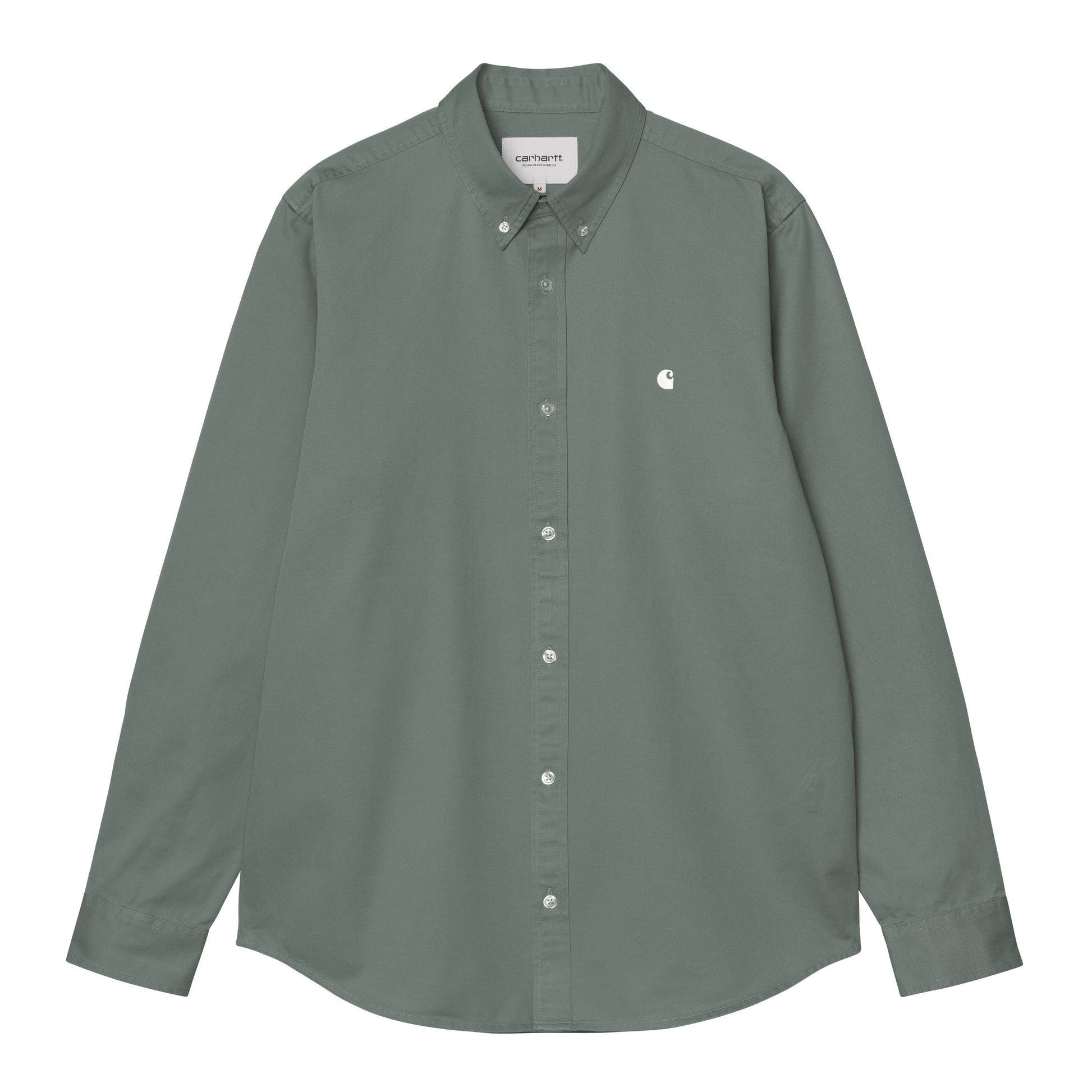 Camisa de manga comprida para homem Carhartt WIP Madison em Velvet Green e Branco. Foto da parte da frente.