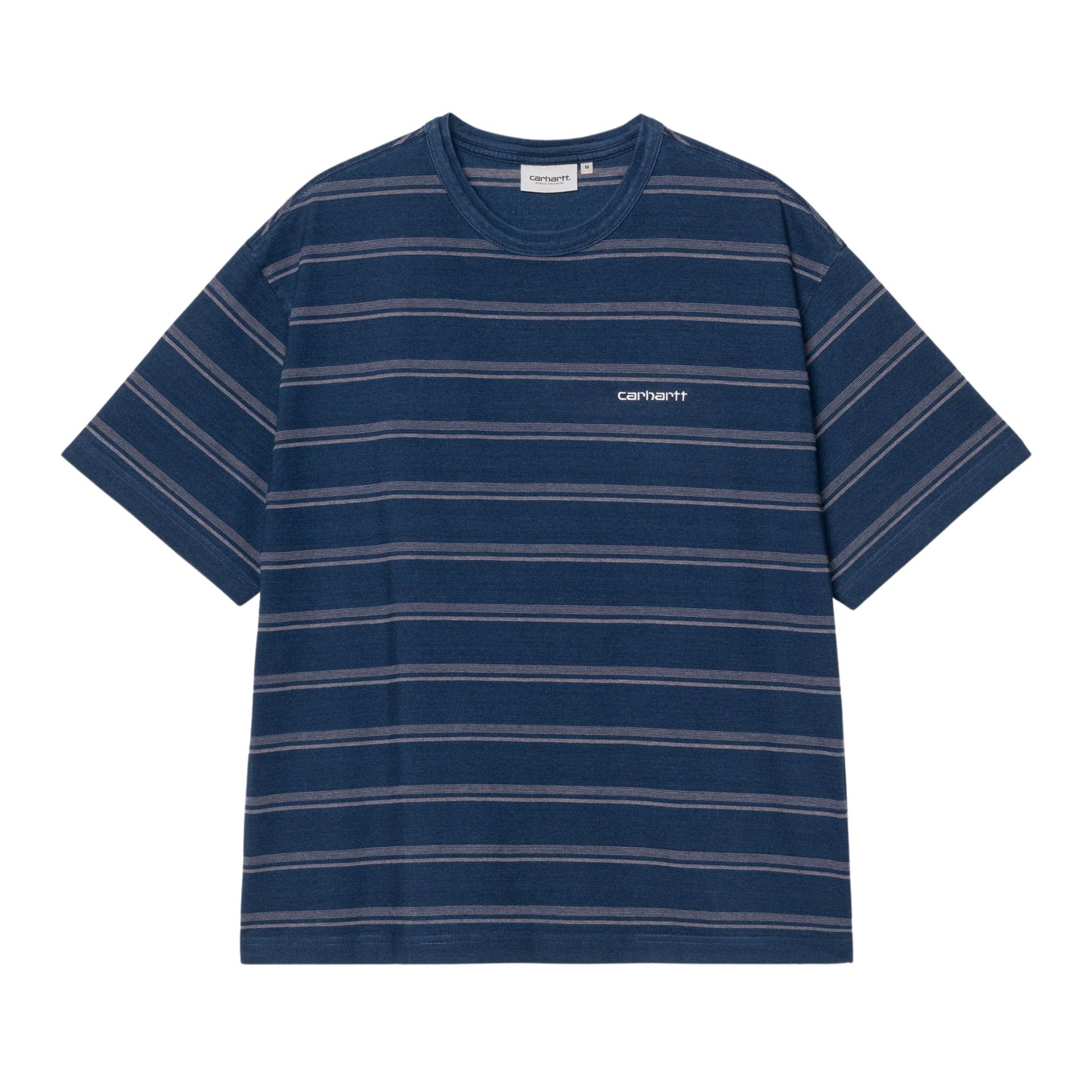 T-Shirt de manga curta para homem Carhartt WIP Matti em Matti Stripe, Blue / Phlox indigo overdyed. Foto da parte da frente.
