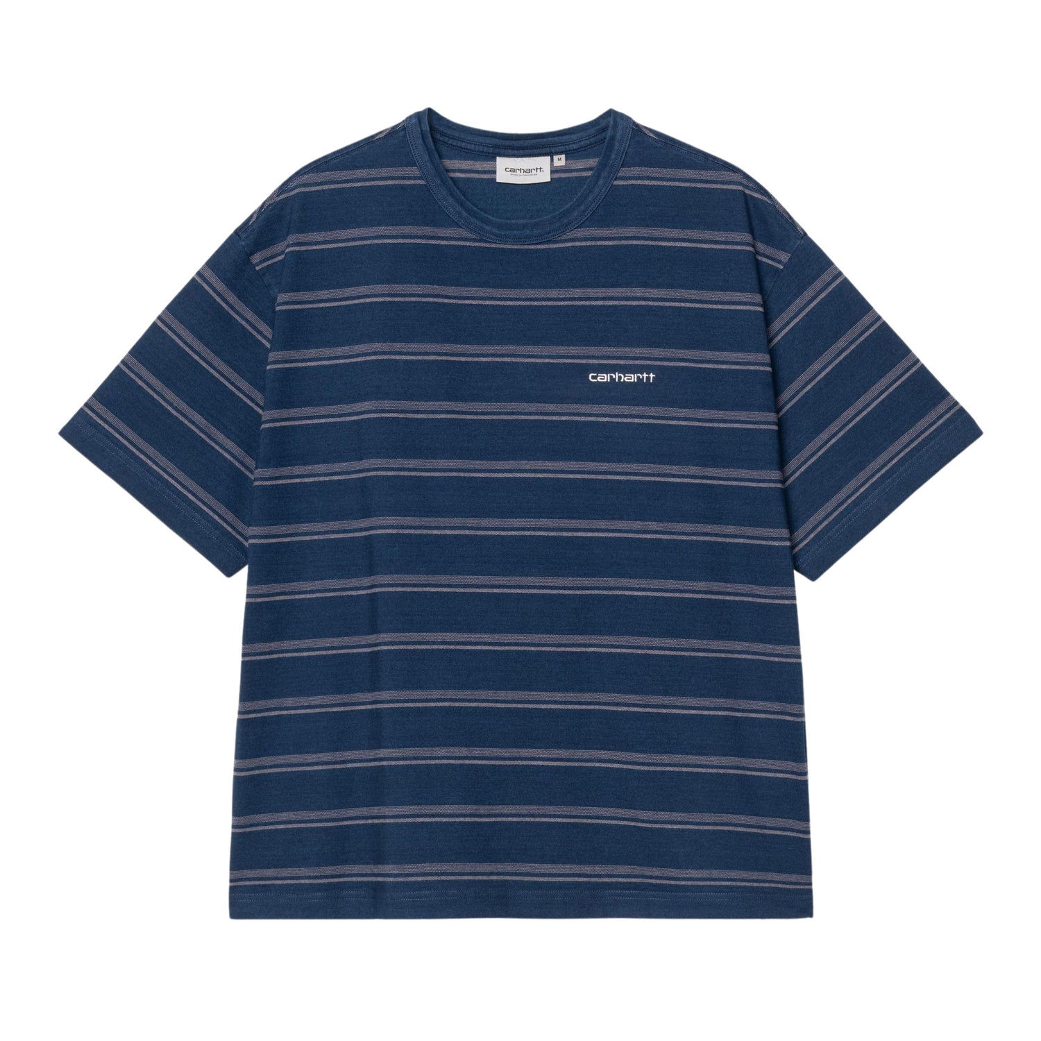 T-Shirt de manga curta para homem Carhartt WIP Matti em Matti Stripe, Blue / Phlox indigo overdyed. Foto da parte da frente.
