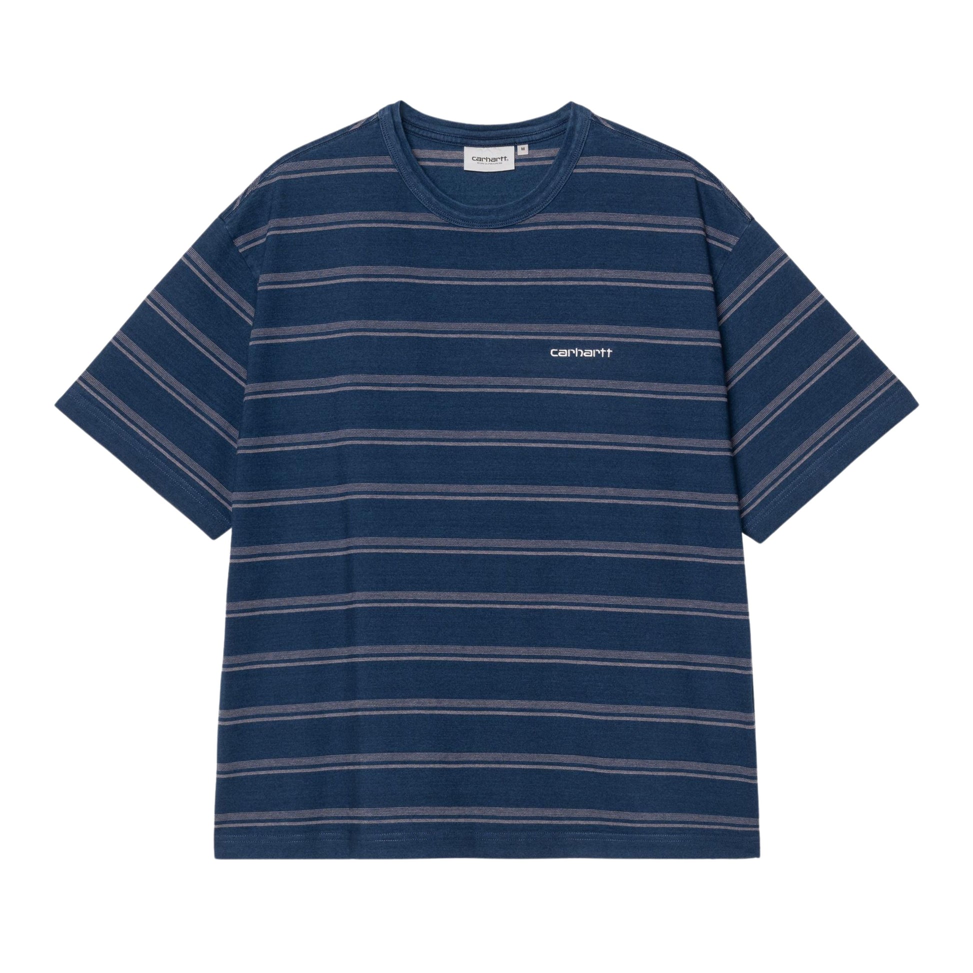 T-Shirt de manga curta para homem Carhartt WIP Matti em Matti Stripe, Blue / Phlox indigo overdyed. Foto da parte da frente.
