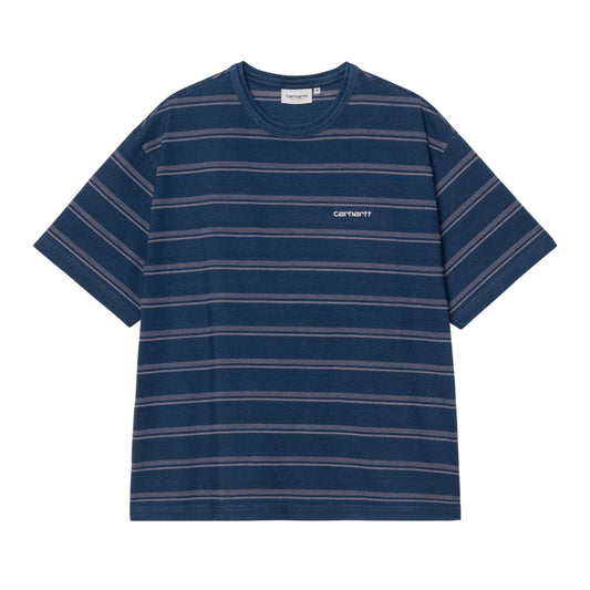 T-Shirt de manga curta para homem Carhartt WIP Matti em Matti Stripe, Blue / Phlox indigo overdyed. Foto da parte da frente.
