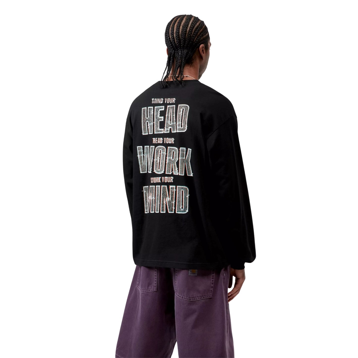 T-Shirt de manga comprida para homem Carhartt WIP Mind Your Head em Preto. Foto da parte de trás, vestida.