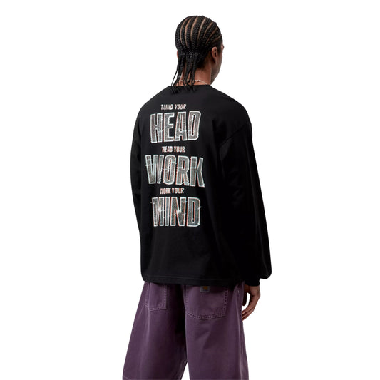 T-Shirt de manga comprida para homem Carhartt WIP Mind Your Head em Preto. Foto da parte de trás, vestida.