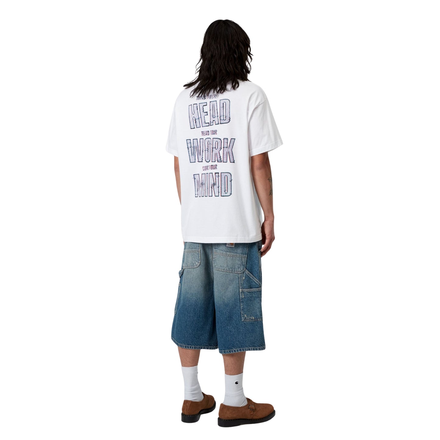 T-Shirt de manga curta para homem Carhartt WIP Mind Your Head em Branco. Foto da parte de trás, vestida.