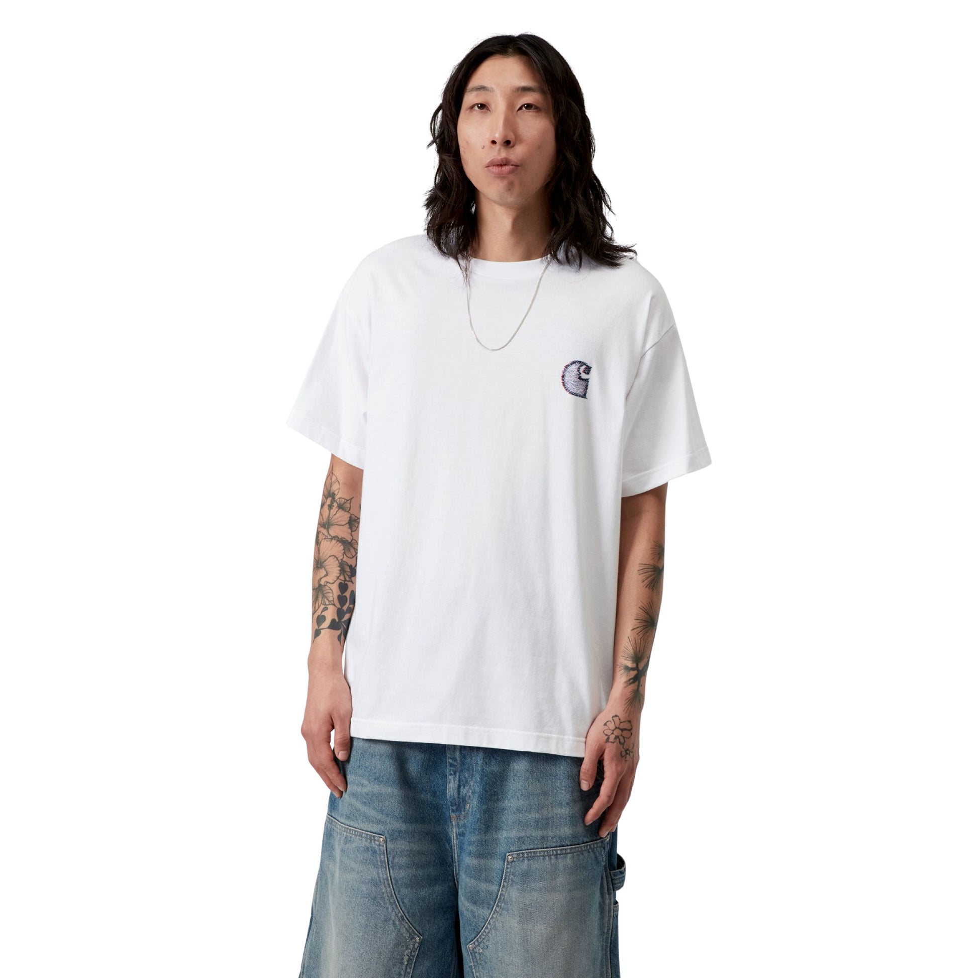 T-Shirt de manga curta para homem Carhartt WIP Mind Your Head em Branco. Foto da parte da frente, vestida.
