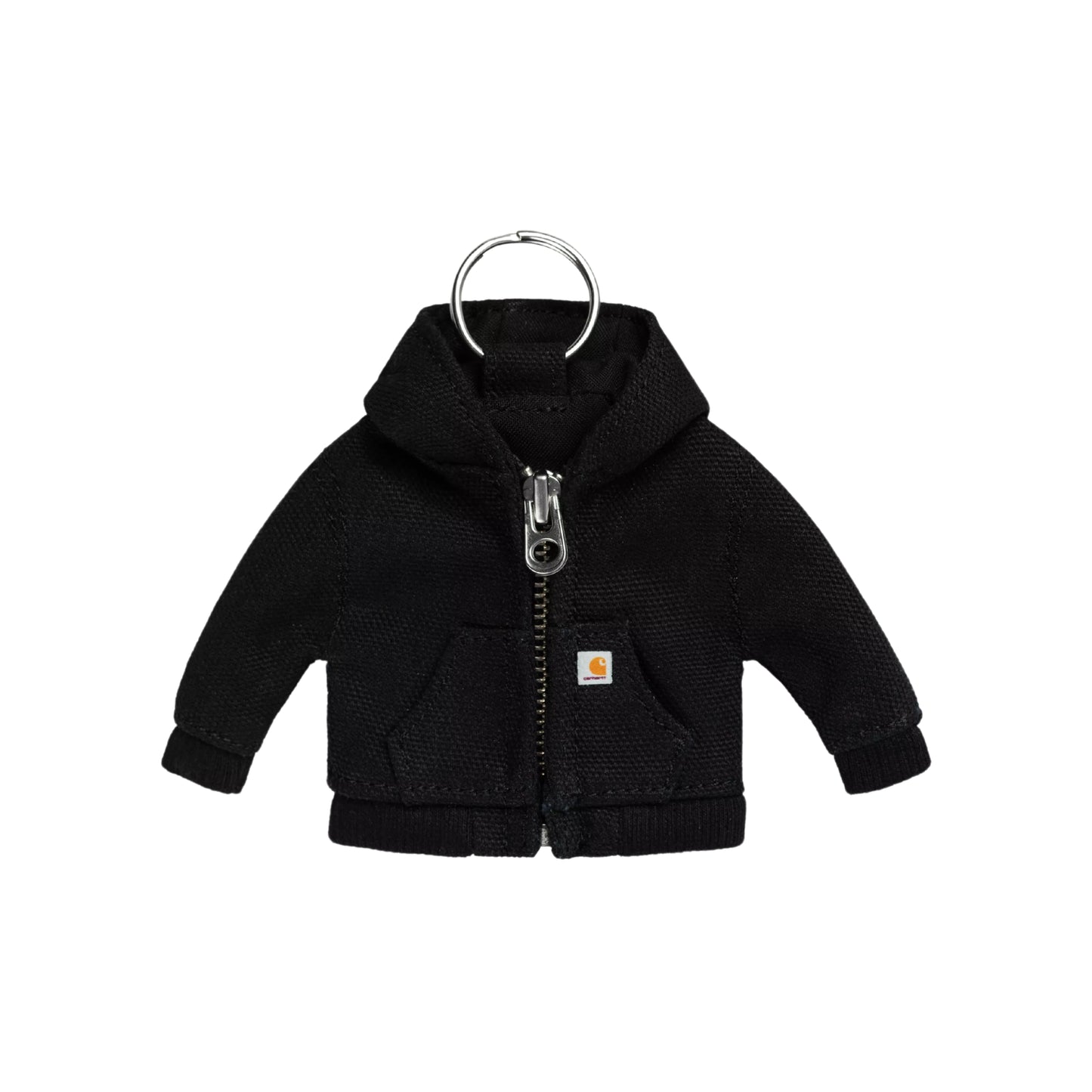 Porta-chaves Carhartt WIP Mini Active Jacket Keychain em Black — vista frontal, berloque em miniatura da Active Jacket em lona Dearborn preta com capuz, fecho de correr metálico prateado funcional, etiqueta woven dourada com logótipo Carhartt no bolso frontal, anel metálico prateado no topo, fundo branco.