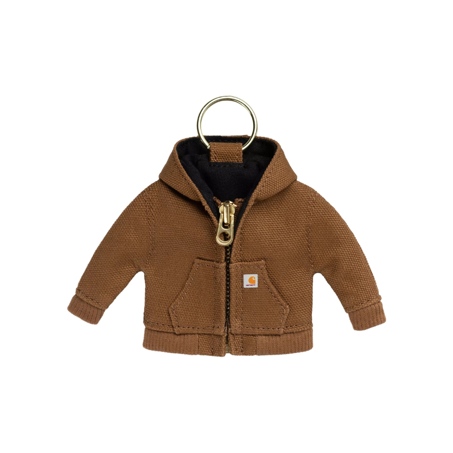 Porta-chaves Carhartt WIP Mini Active Jacket Keychain em Hamilton Brown — vista frontal, berloque em miniatura da Active Jacket em lona Dearborn castanha Hamilton Brown aberta, capuz com forro preto interior visível, fecho de correr metálico dourado funcional, etiqueta woven dourada com logótipo Carhartt no bolso frontal, punhos e bainha canelados, anel metálico dourado no topo, fundo branco.
