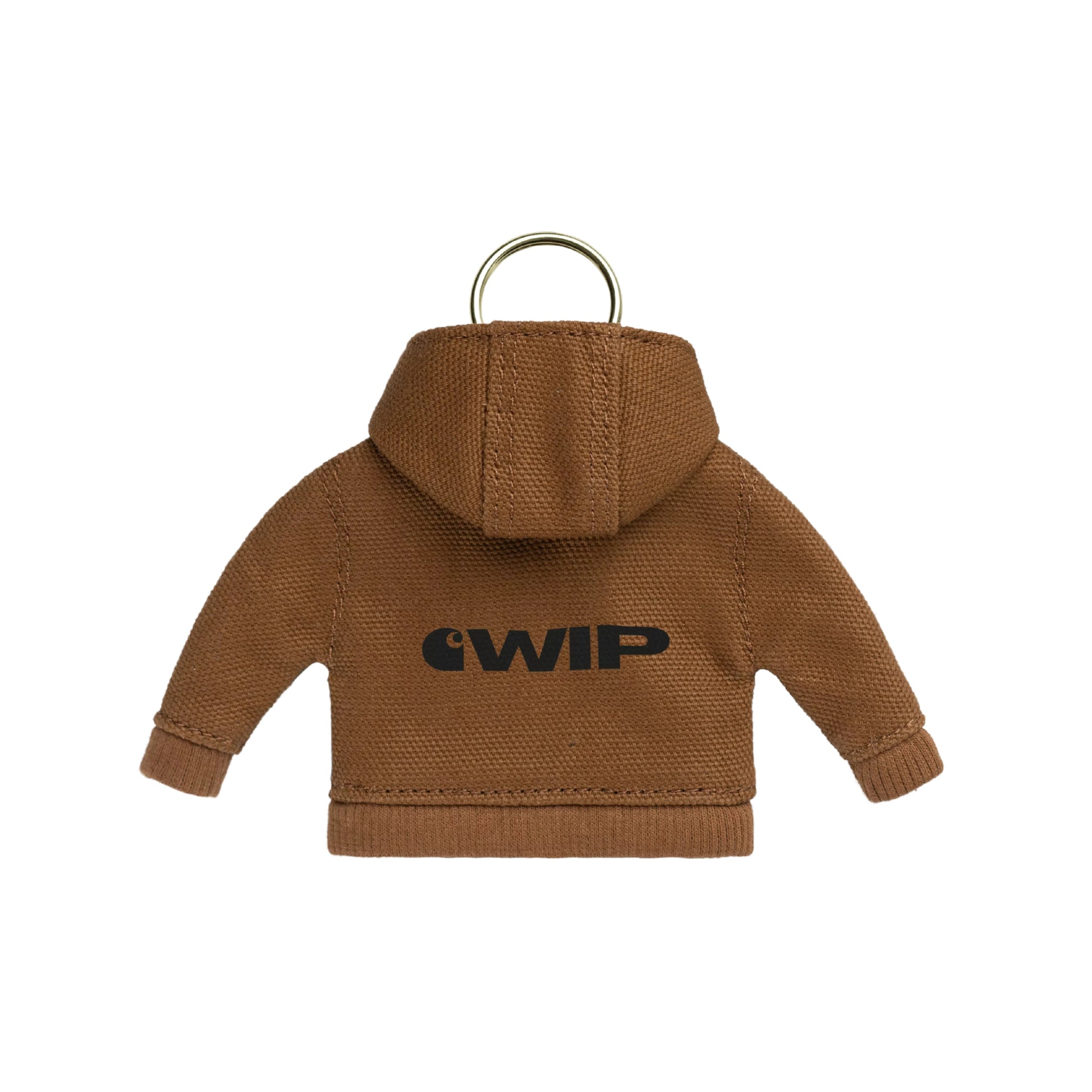 Porta-chaves Carhartt WIP Mini Active Jacket Keychain em Hamilton Brown — vista traseira, berloque em miniatura da Active Jacket em lona Dearborn castanha Hamilton Brown, logótipo "C WIP" impresso em preto nas costas, capuz estruturado, punhos e bainha canelados, anel metálico dourado no topo, fundo branco.
