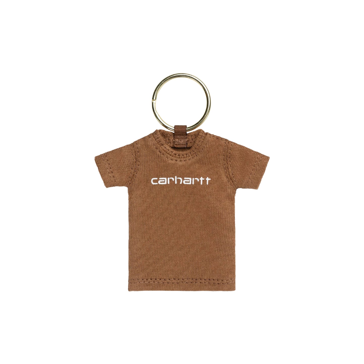 Porta-chaves Carhartt WIP Mini Script T-Shirt Keychain em Hamilton Brown — produto isolado, berloque em forma de mini t-shirt em malha de algodão castanha Hamilton Brown com logotipo "carhartt" impresso a branco ao peito, decote redondo canelado, mangas curtas, preso a anel metálico dourado por aba de tecido castanho, fundo branco.