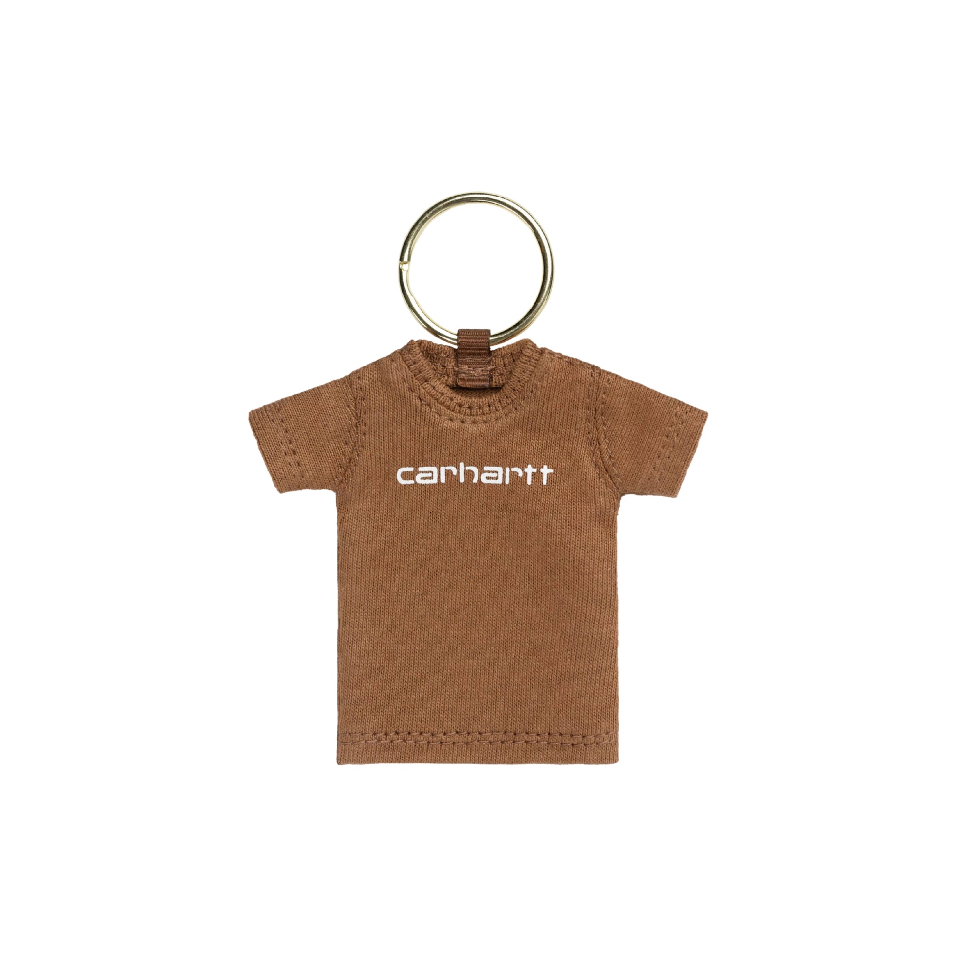 Porta-chaves Carhartt WIP Mini Script T-Shirt Keychain em Hamilton Brown — produto isolado, berloque em forma de mini t-shirt em malha de algodão castanha Hamilton Brown com logotipo "carhartt" impresso a branco ao peito, decote redondo canelado, mangas curtas, preso a anel metálico dourado por aba de tecido castanho, fundo branco.