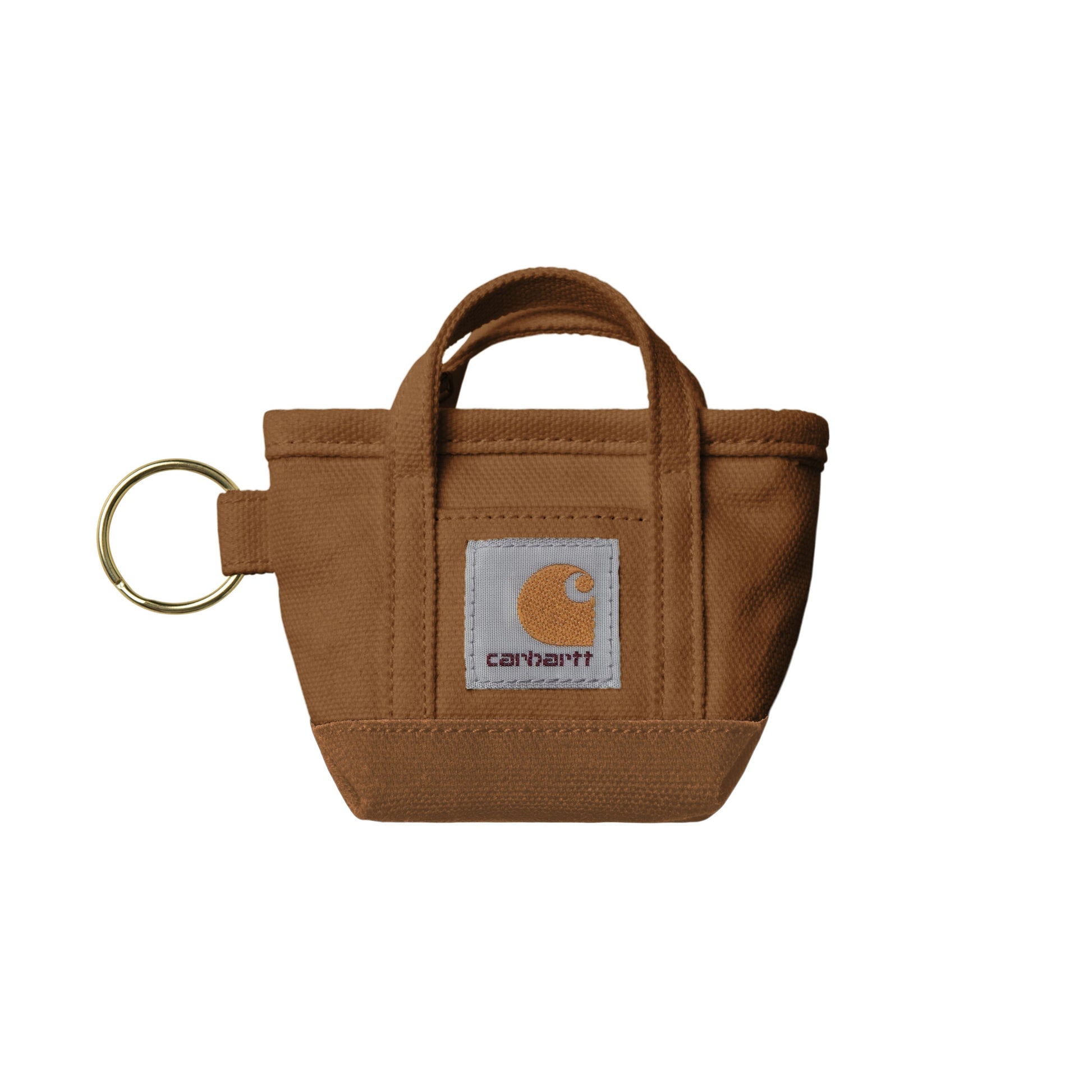 Porta-chaves unissexo Carhartt WIP Mini Tote Bag em Hamilton Brown. Foto da parte da frente.