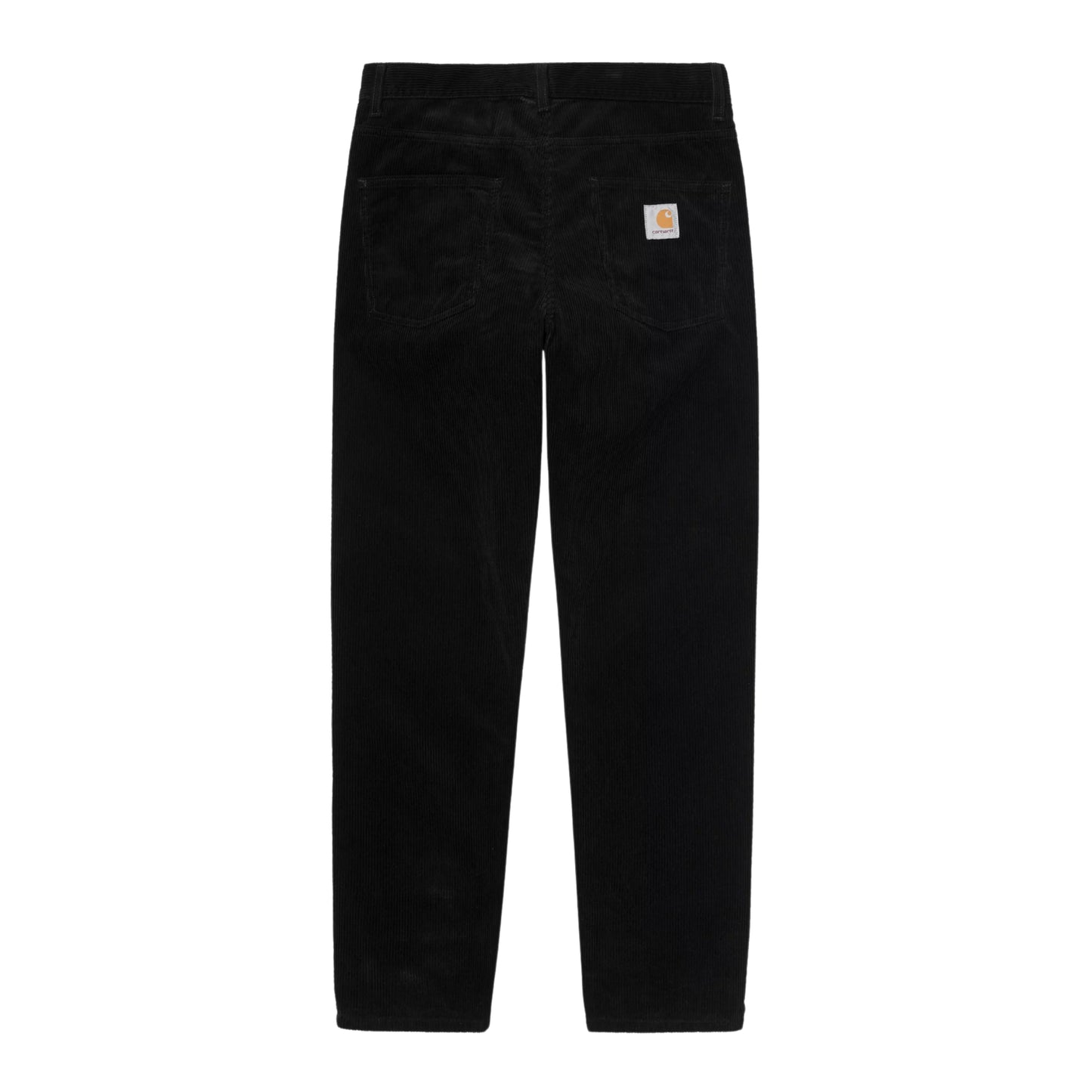 Calças Carhartt WIP Newel Pant em Black — vista traseira, produto sem modelo, bombazina Coventry de oito nervuras preta, dois bolsos traseiros, Square Label Carhartt WIP em tecido branco com logotipo "C" laranja no bolso traseiro esquerdo, corte relaxado afunilado, fundo branco.