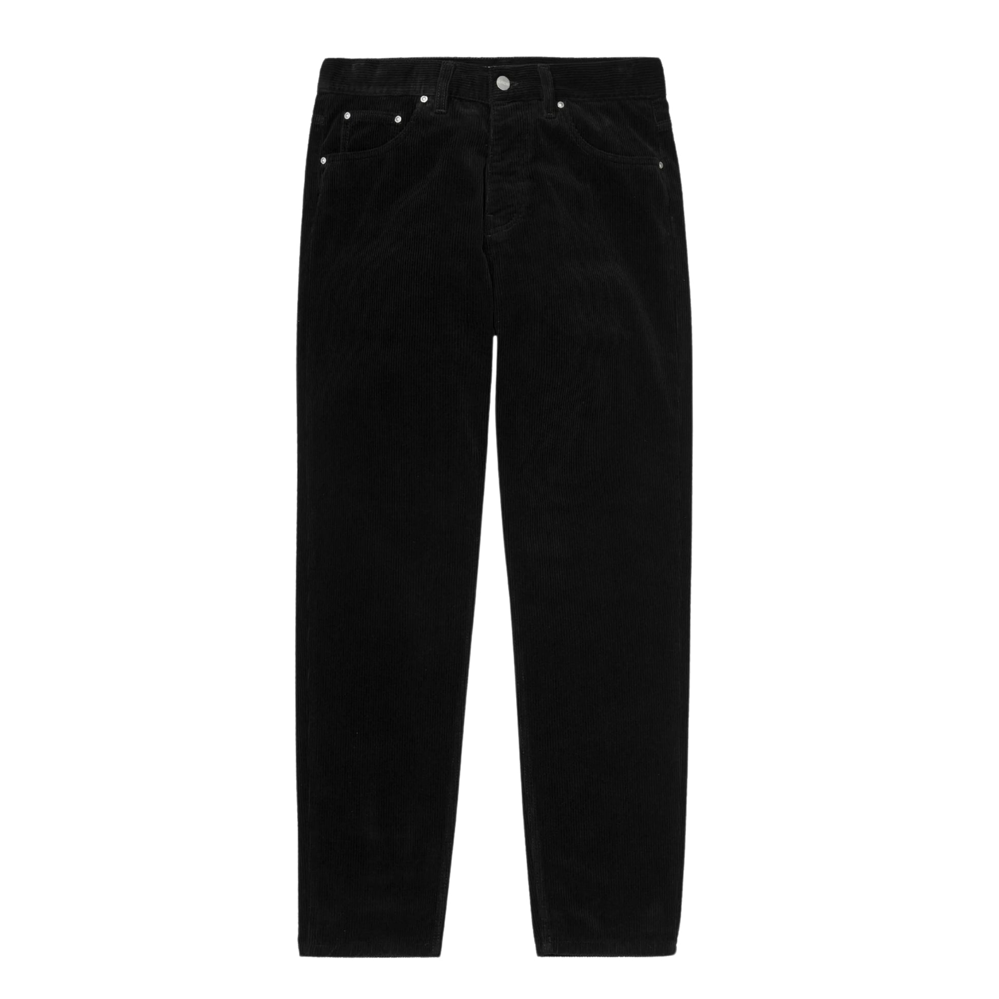 Calças Carhartt WIP Newel Pant em Black — vista frontal, produto sem modelo, bombazina Coventry de oito nervuras preta, corte relaxado afunilado, cintura regular com fecho de correr, dois bolsos frontais e micro-bolso com rebites prateados, fundo branco.