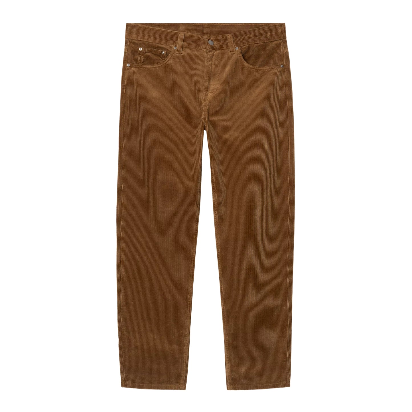 Calças Carhartt WIP Newel Pant em Hamilton Brown Rinsed — vista frontal, produto sem modelo, bombazina Coventry de oito nervuras castanha Hamilton Brown com lavagem rinsed, corte relaxado afunilado, cintura regular com fecho de correr, dois bolsos frontais com rebites dourados e micro-bolso, fundo branco.