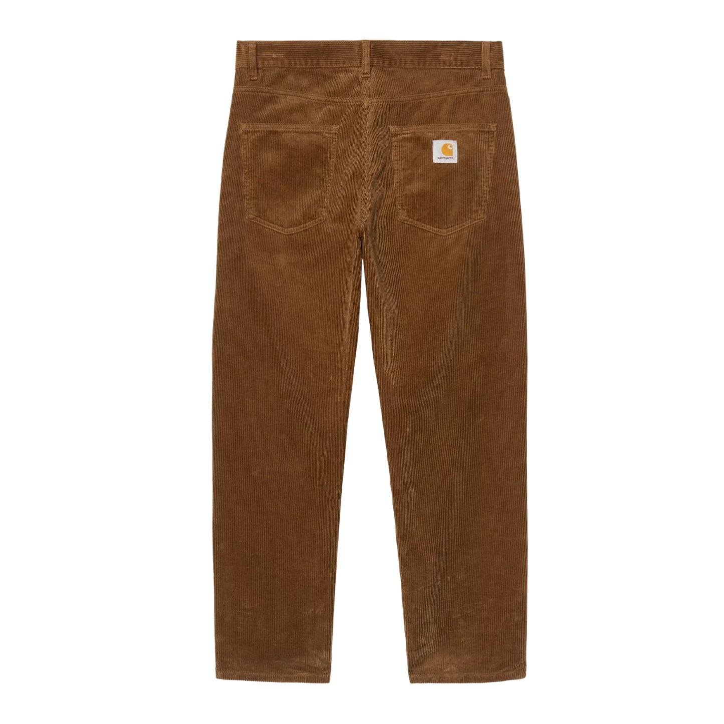 Calças Carhartt WIP Newel Pant em Hamilton Brown Rinsed — vista traseira, produto sem modelo, bombazina Coventry de oito nervuras castanha Hamilton Brown com lavagem rinsed, dois bolsos traseiros, Square Label Carhartt WIP em tecido branco no bolso traseiro direito, corte relaxado afunilado, fundo branco.