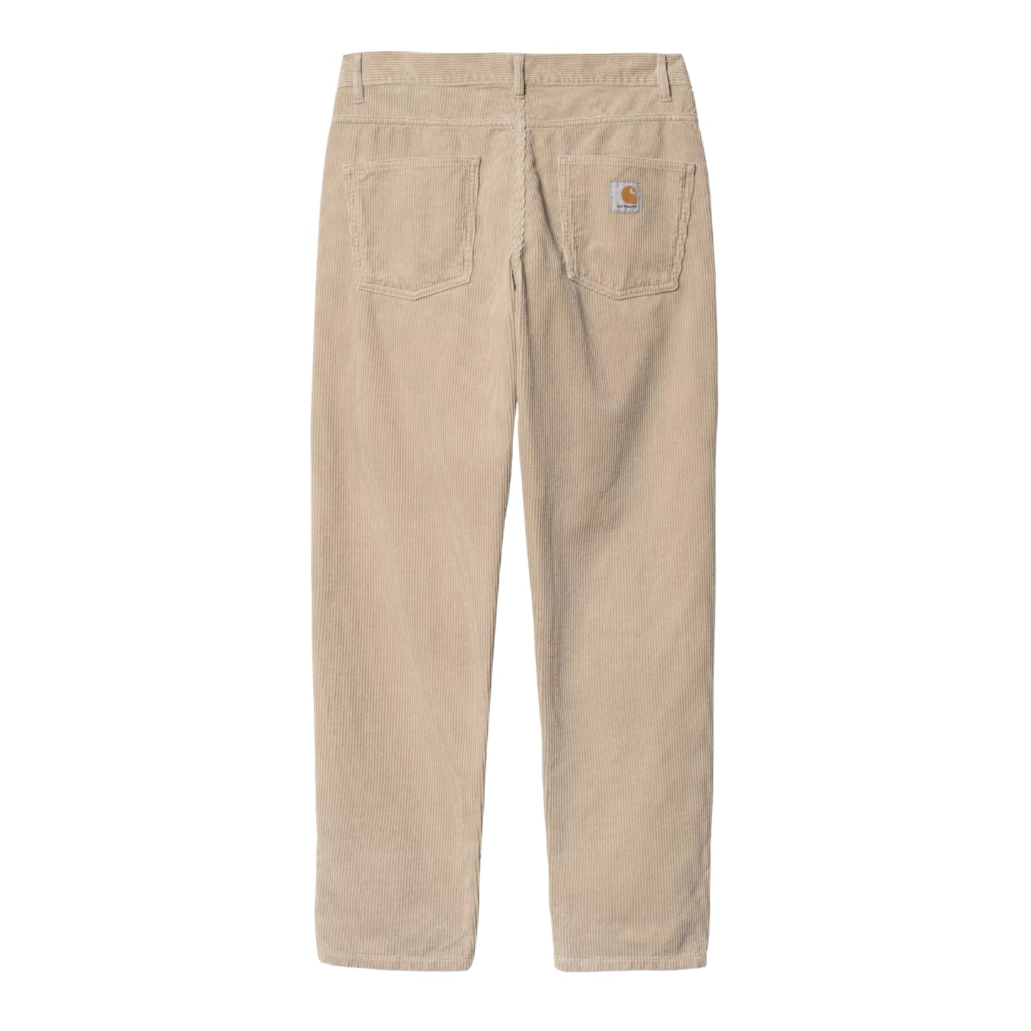 Calças Carhartt WIP Newel Pant em Wall Rinsed — vista traseira, produto sem modelo, bombazina Coventry de oito nervuras bege Wall rinsed, dois bolsos traseiros de patch sem botão, Square Label Carhartt WIP com logotipo "C" laranja no bolso traseiro direito, passadores de cinto, corte relaxado afunilado, fundo branco.