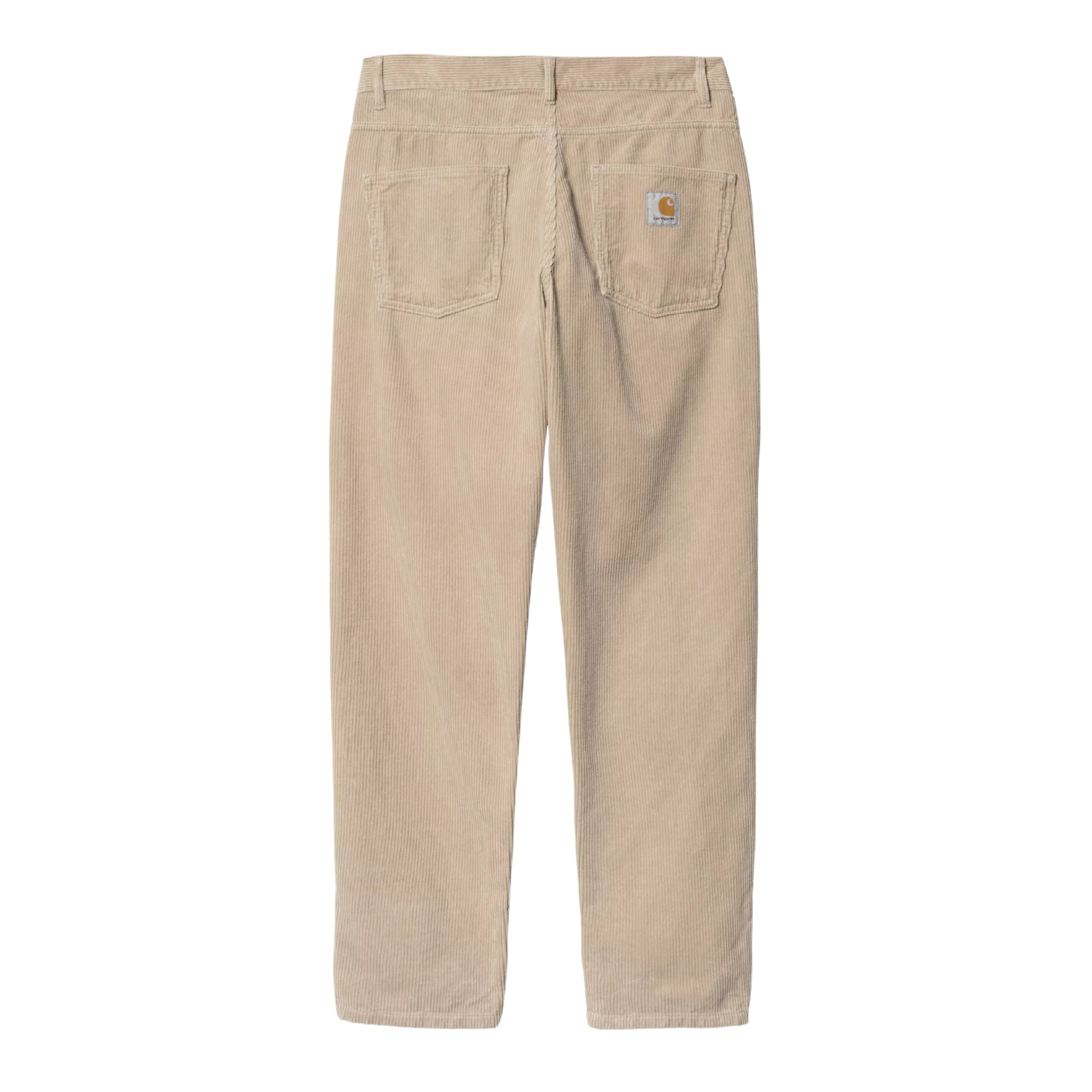 Calças Carhartt WIP Newel Pant em Wall Rinsed — vista traseira, produto sem modelo, bombazina Coventry de oito nervuras bege Wall rinsed, dois bolsos traseiros de patch sem botão, Square Label Carhartt WIP com logotipo "C" laranja no bolso traseiro direito, passadores de cinto, corte relaxado afunilado, fundo branco.