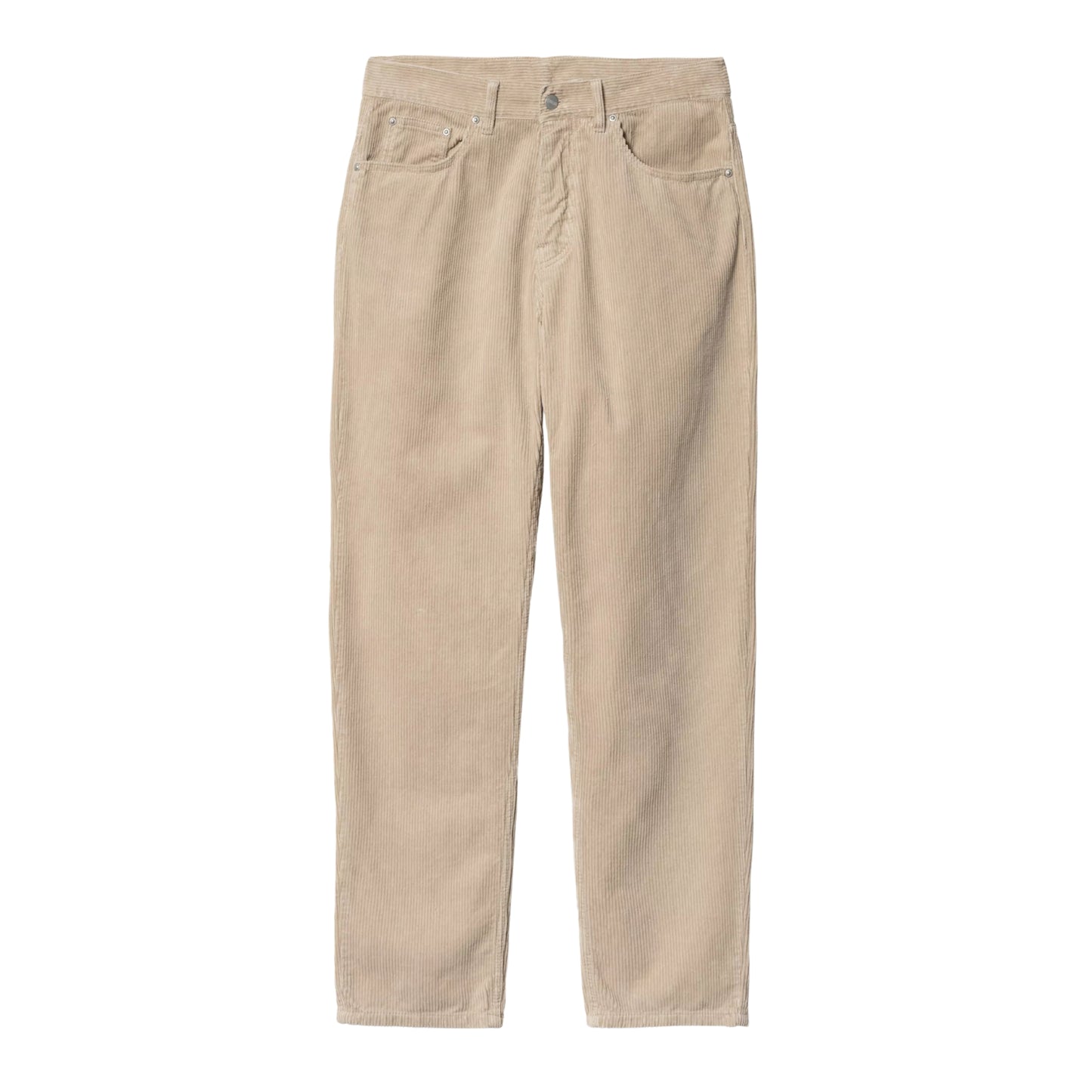 Calças Carhartt WIP Newel Pant em Wall Rinsed — vista frontal, produto sem modelo, bombazina Coventry de oito nervuras bege Wall rinsed, corte relaxado afunilado, cintura regular com botão prateado Carhartt e fecho de correr, dois bolsos frontais e micro-bolso com rebites prateados, fundo branco.