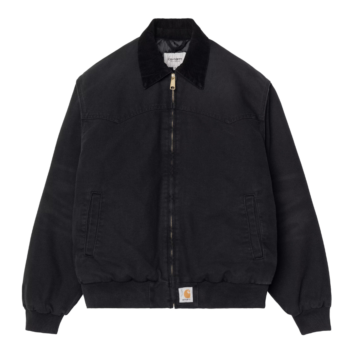 Casaco Carhartt WIP OG Santa Fe em Preto — vista frontal, produto sem modelo, lona Dearborn preta, gola em bombazine preta, fecho de correr dourado, costuras estruturais em arco no peito, bolsos laterais com debrum, punhos e bainha em malha canelada, Square Label Carhartt WIP na bainha frontal, fundo branco.
