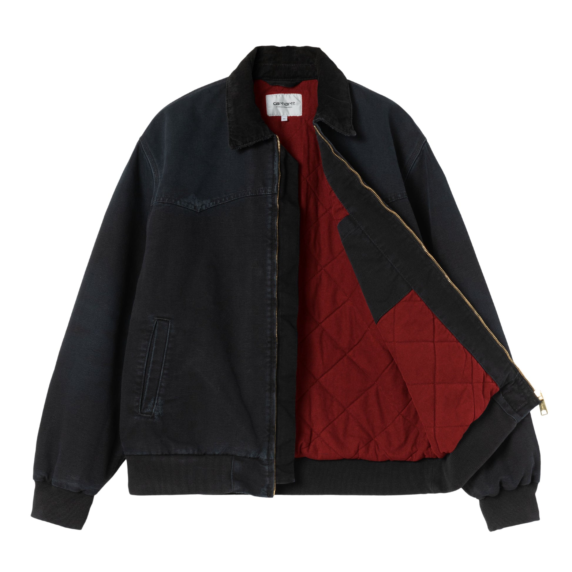 Casaco de homem Carhartt WIP OG Santa Fe em Preto/Preto Grind Washed. Foto da parte da frente, aberto.