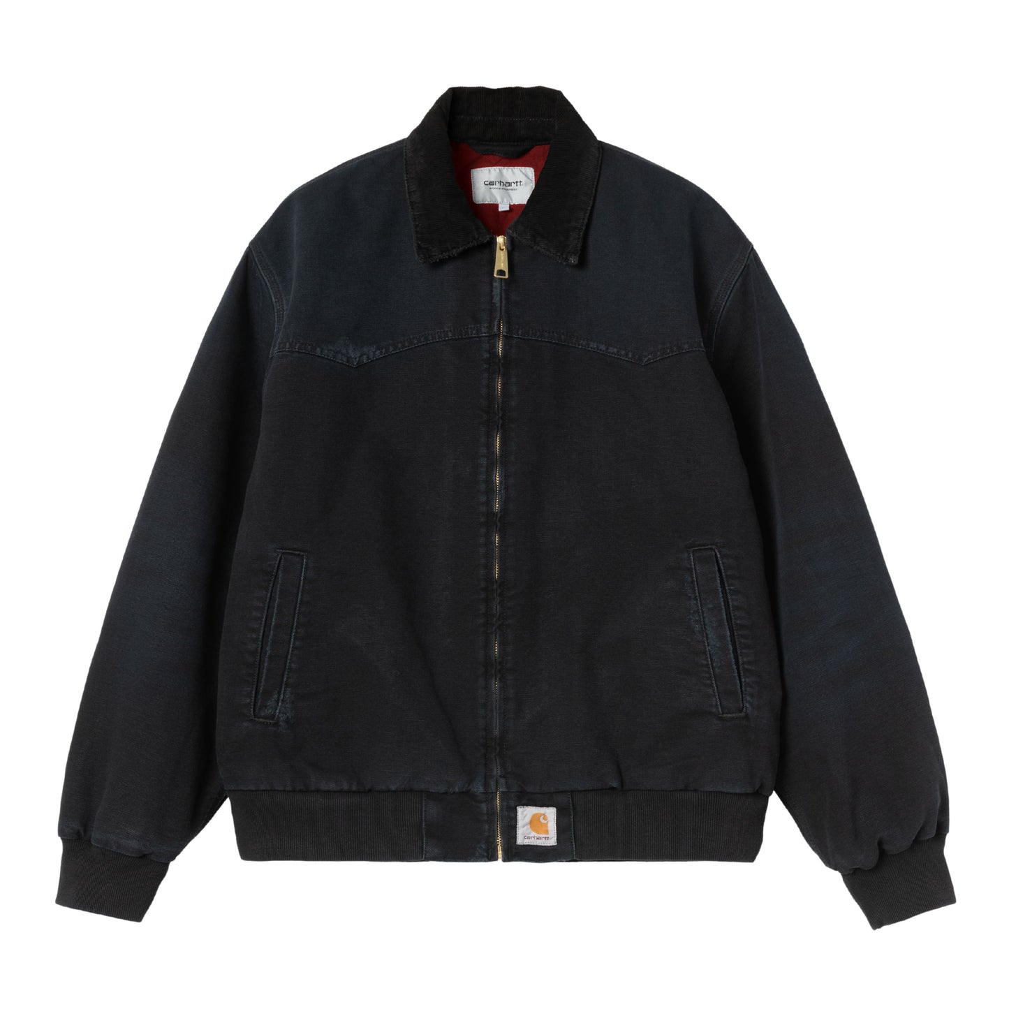 Casaco de homem Carhartt WIP OG Santa Fe em Preto/Preto Grind Washed. Foto da parte da frente, fechado.
