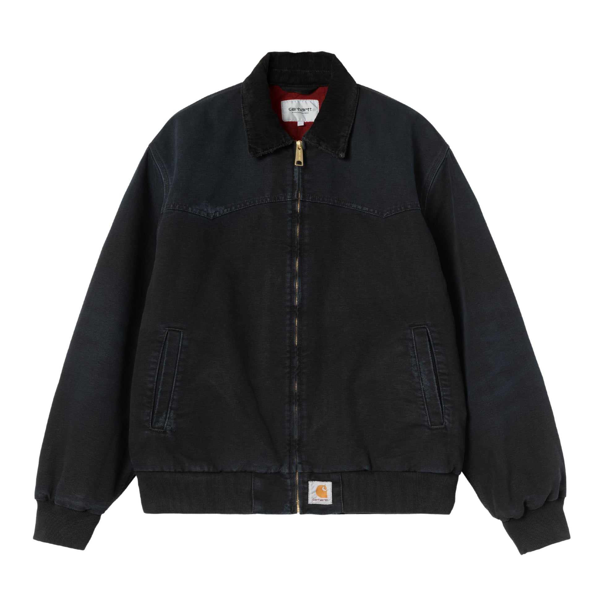Casaco de homem Carhartt WIP OG Santa Fe em Preto/Preto Grind Washed. Foto da parte da frente, fechado.