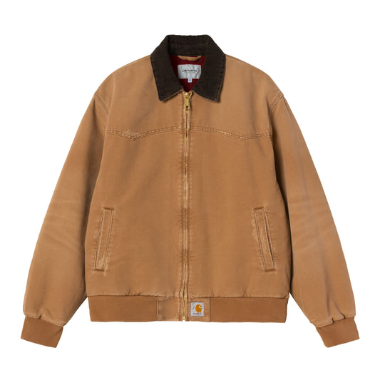 Casaco para homem Carhartt WIP OG Santa Fe em Hamilton Brown/Tobacco grind wash. Foto da parte da frente, fechado.