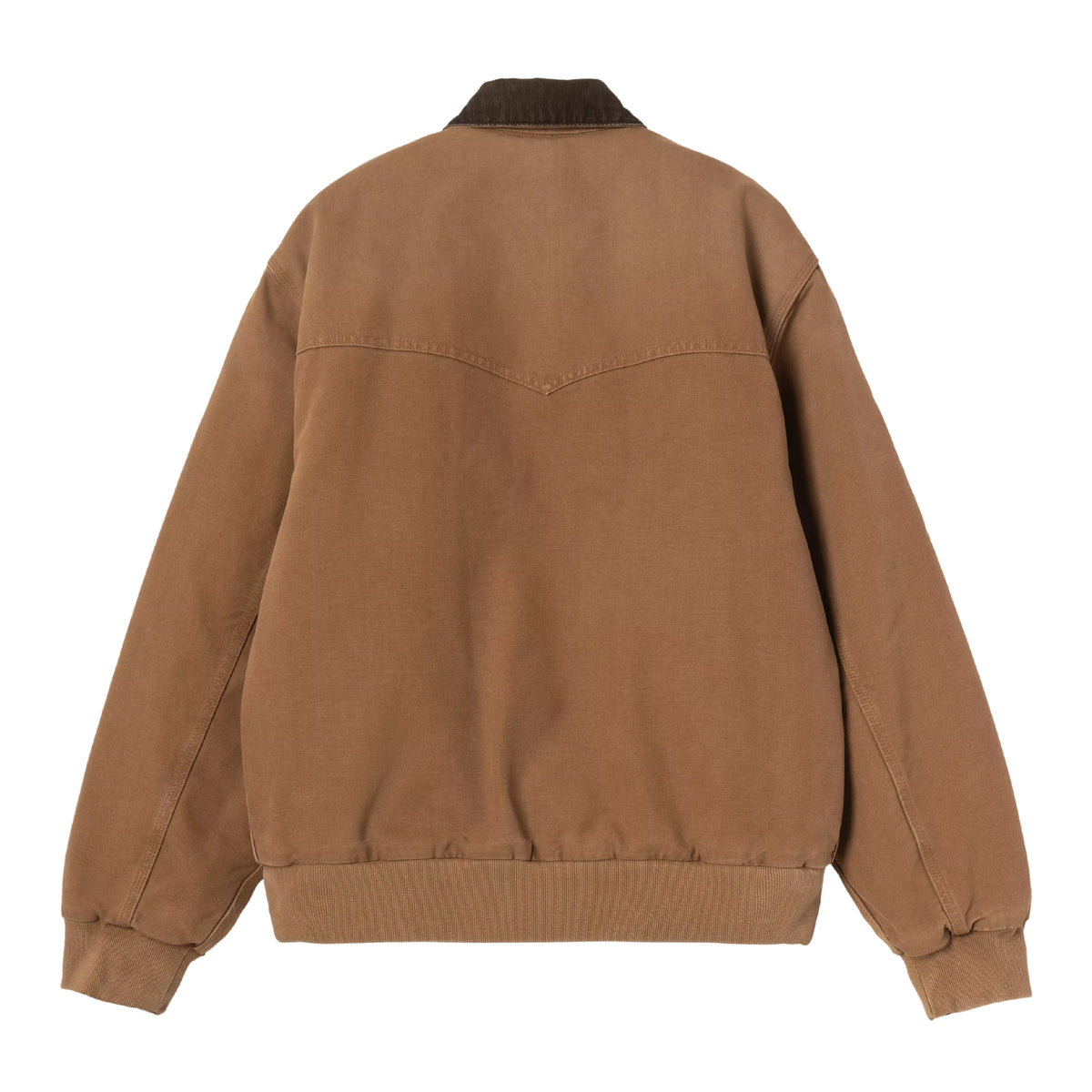 Casaco Carhartt WIP OG Santa Fe em WIP H Brown / Tobacco — vista traseira, produto sem modelo, lona Dearborn camel, gola bombazine castanho-escuro, costuras em arco no painel traseiro, faixa inferior em malha rip canelada, punhos canelados, fundo branco.