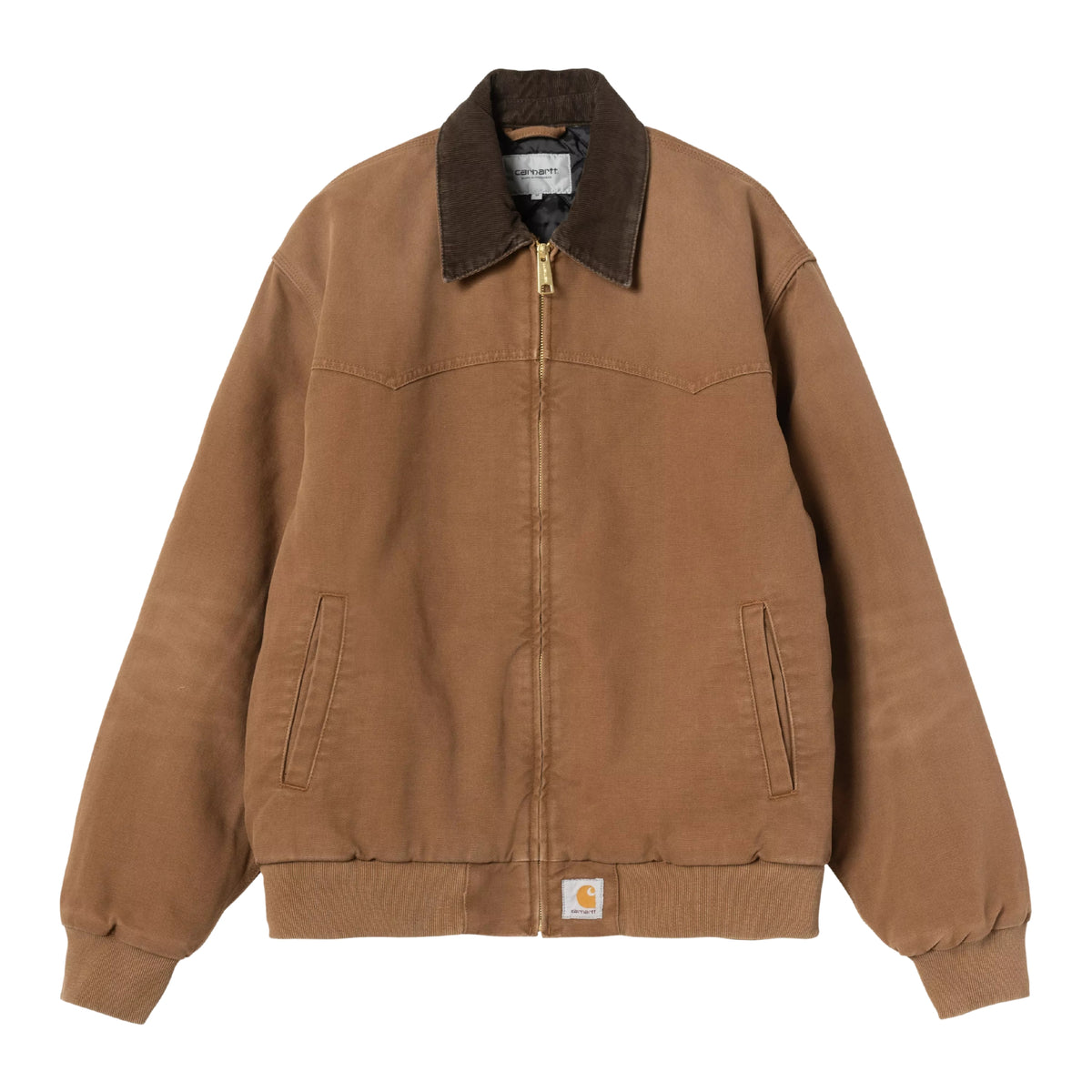 Casaco Carhartt WIP OG Santa Fe em WIP H Brown / Tobacco — vista frontal, produto sem modelo, lona Dearborn camel washed, gola bombazine castanho-escuro, fecho de correr dourado, costuras estruturais em arco no peito, bolsos laterais com debrum, punhos e bainha em malha rip canelada, Square Label Carhartt WIP na bainha frontal, fundo branco.