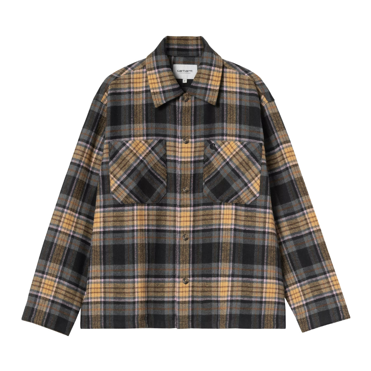 Camisa de manga comprida para homem Carhartt WIP L/S Parson em Parson Check, WIP Dusty H — vista frontal isolada sobre fundo branco, com colarinho, fecho de botões, dois bolsos no peito e logótipo C bordado.