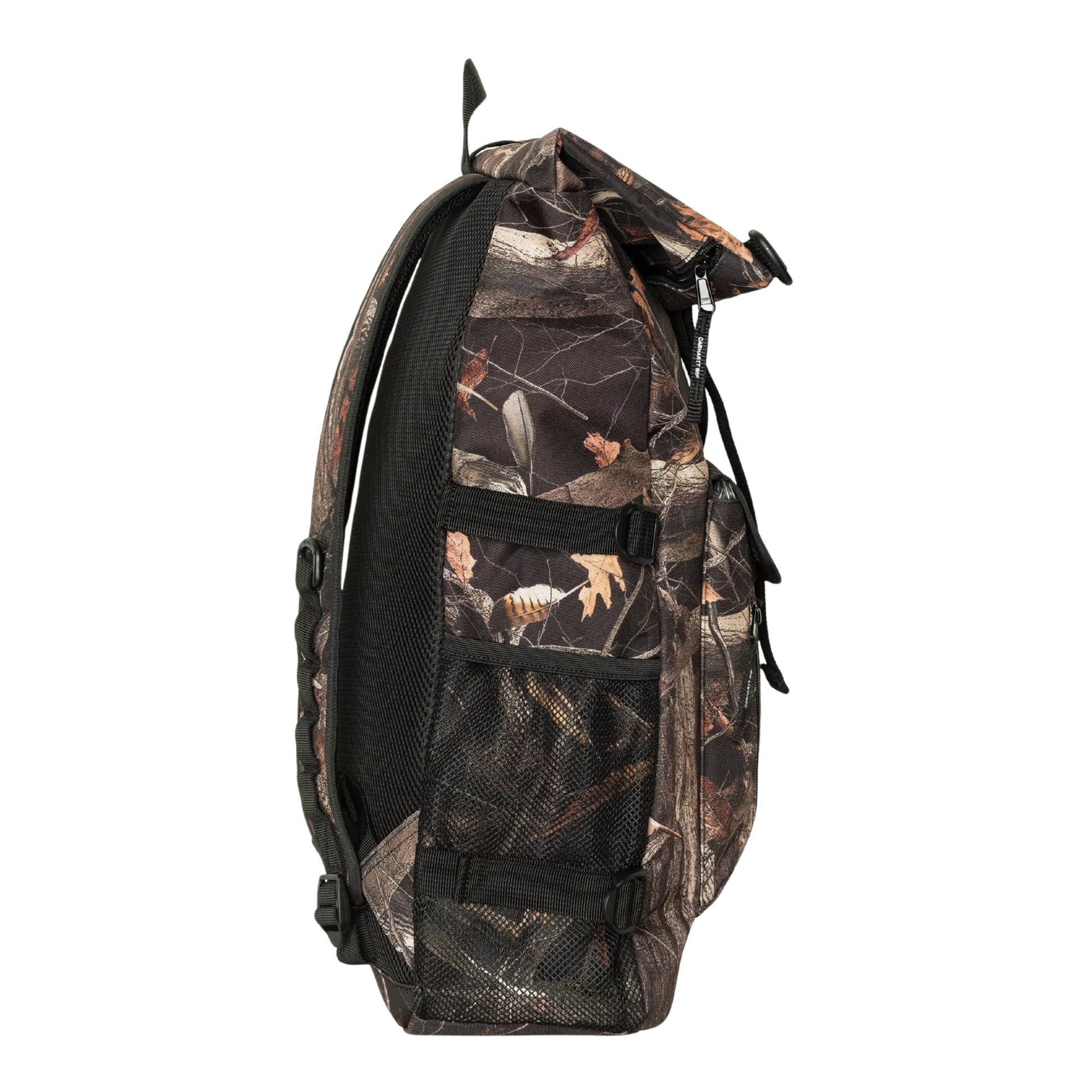 Mochila unissexo Carhartt WIP Philis em Camo Feather Tree, Black. Foto da parte lateral.