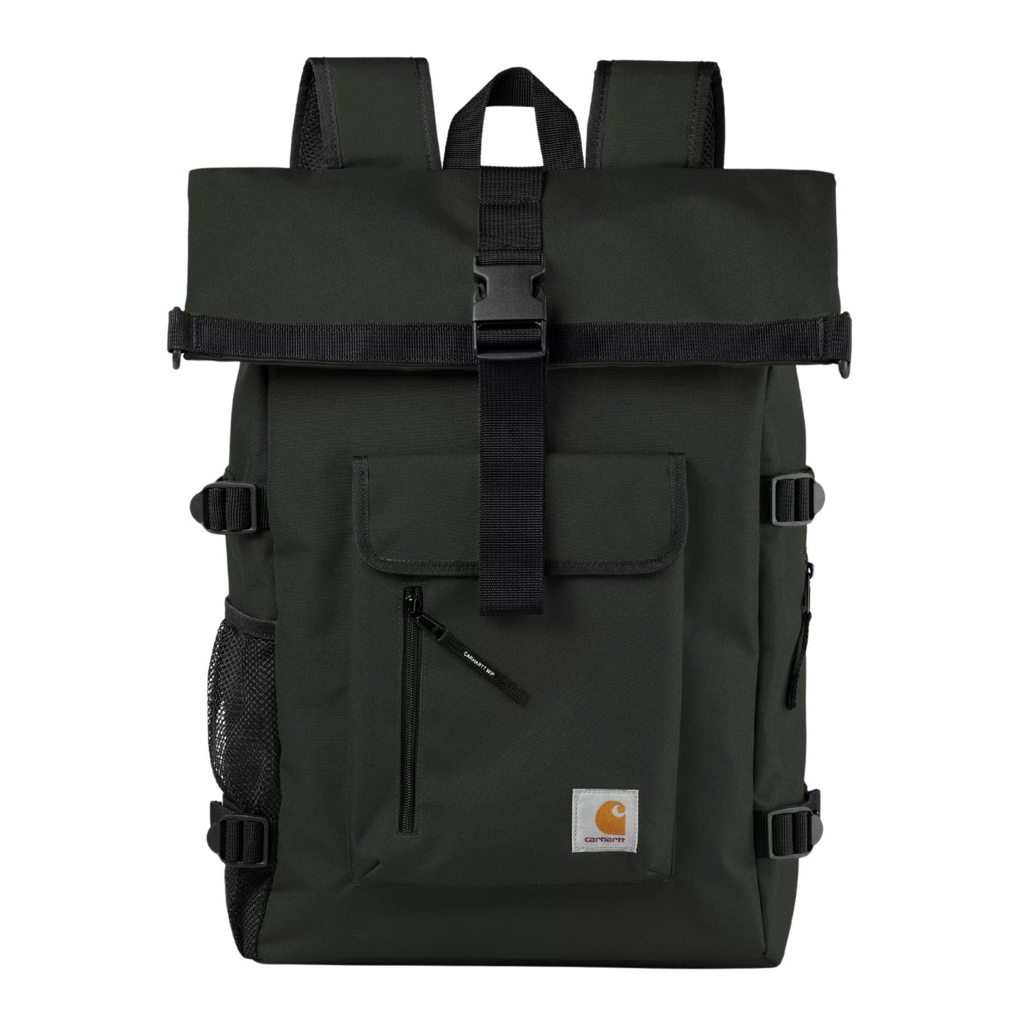 Mochila Carhartt WIP Philis Backpack em Raven — produto sem modelo, vista frontal, lapela expansível com fivela central, bolso frontal com fecho de correr Carhartt WIP, bolso lateral em mesh e patch "C" dourado.