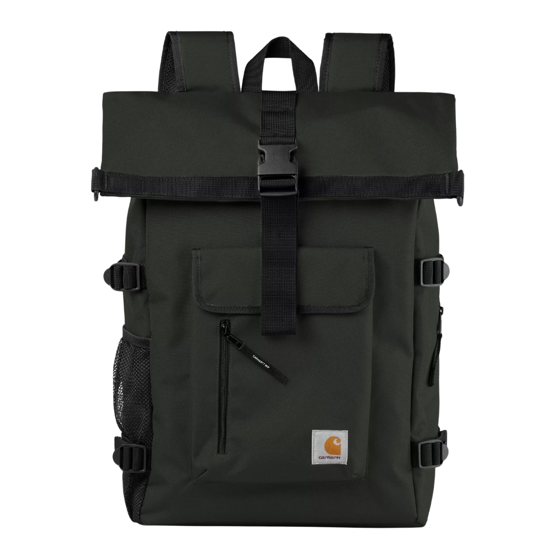Mochila Carhartt WIP Philis Backpack em Raven — produto sem modelo, vista frontal, lapela expansível com fivela central, bolso frontal com fecho de correr Carhartt WIP, bolso lateral em mesh e patch "C" dourado.
