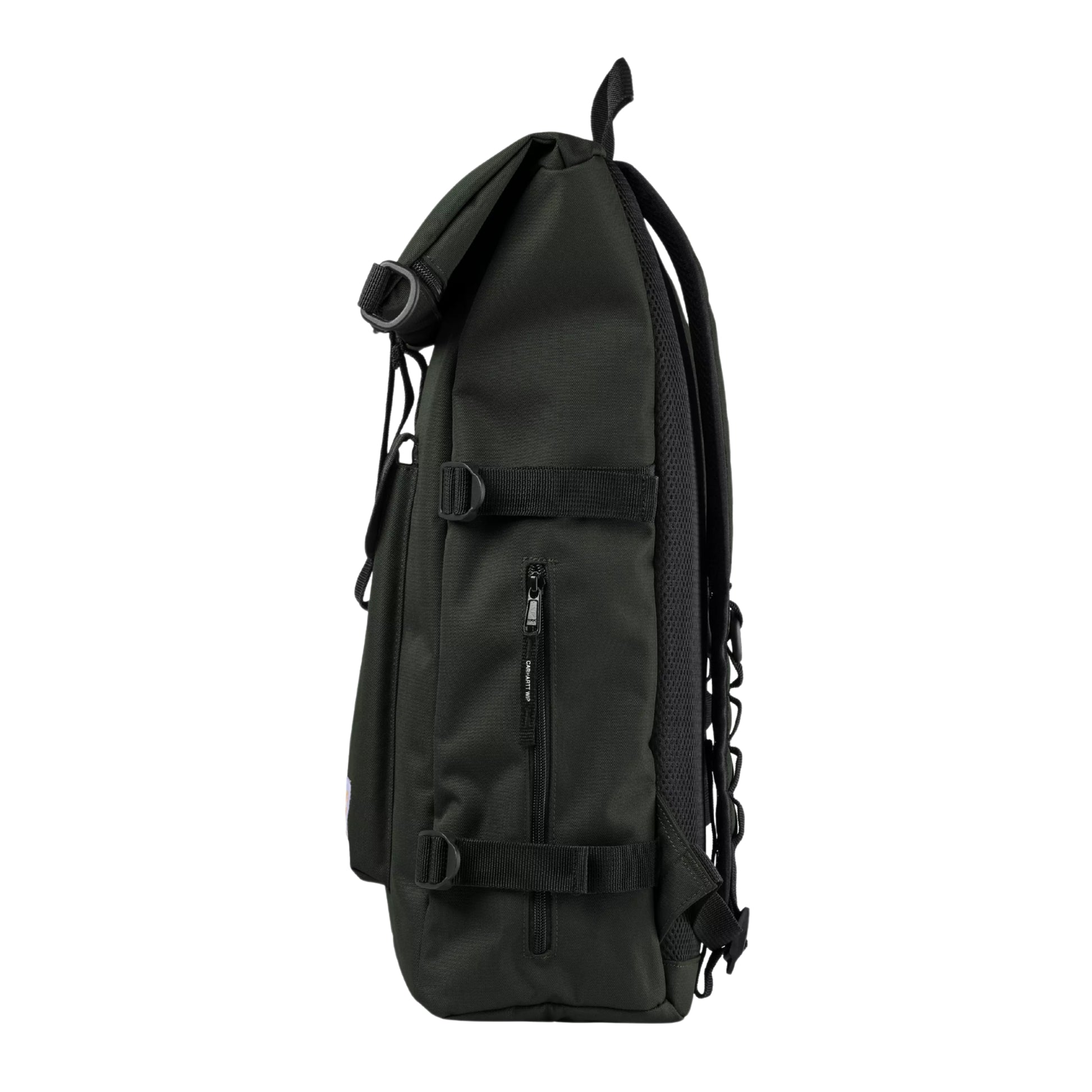 Mochila Carhartt WIP Philis Backpack em Raven — produto sem modelo, vista lateral, perfil expansível, bolso lateral com fecho de correr, fivelas e fitas de ajuste visíveis.
