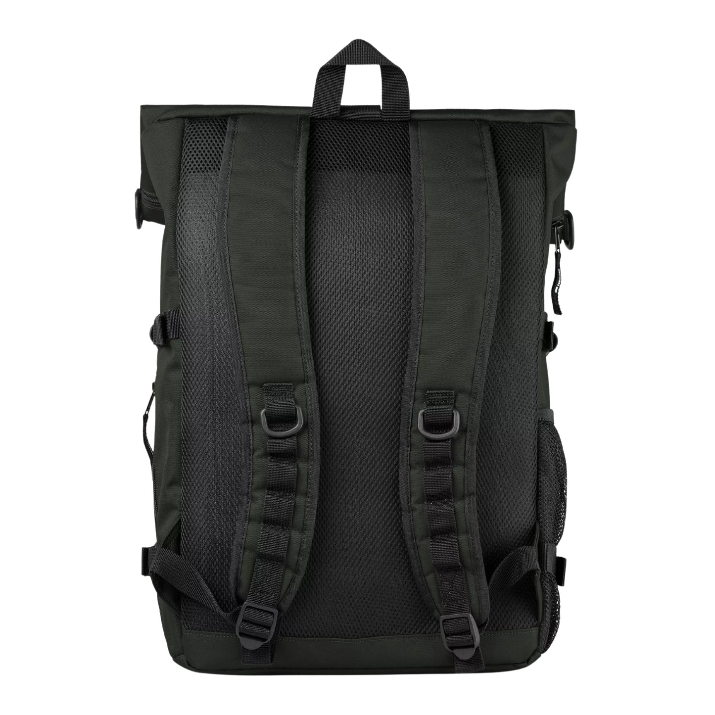Mochila Carhartt WIP Philis Backpack em Raven — produto sem modelo, vista traseira, painel em mesh acolchoado, alças ajustáveis com clipe de plástico e fivelas de peito e cintura visíveis.
