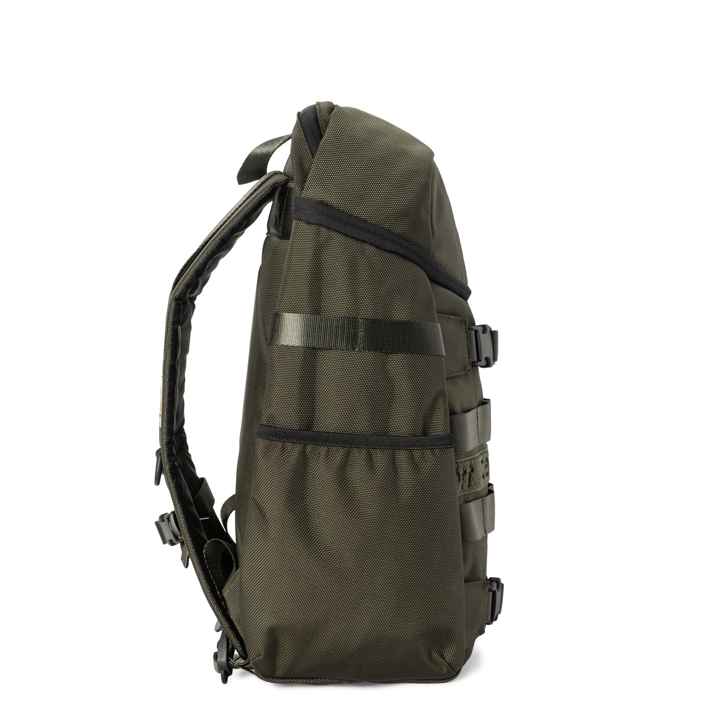 Mochila unissexo Carhartt WIP Prescott em Oxide Green. Foto da lateral.