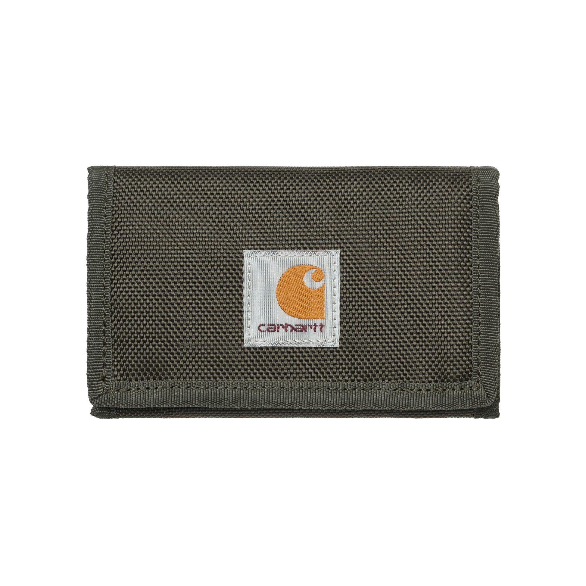 Carteira unissexo Carhartt WIP Prescott em Oxide Green. Foto da parte da frente, fechada.