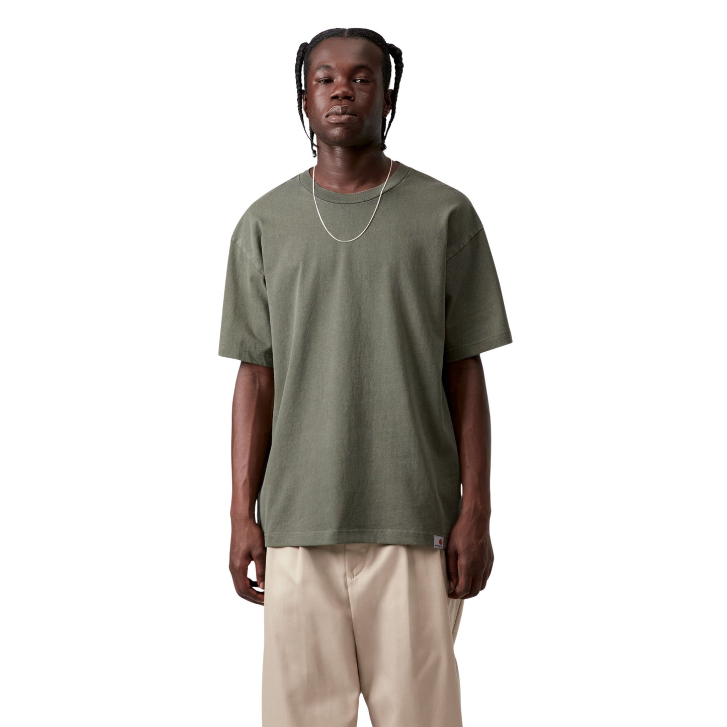 T-Shirt de manga curta para homem Carhartt WIP RGGD em Opuntia garment dyed. Foto da parte da frente, vestida.